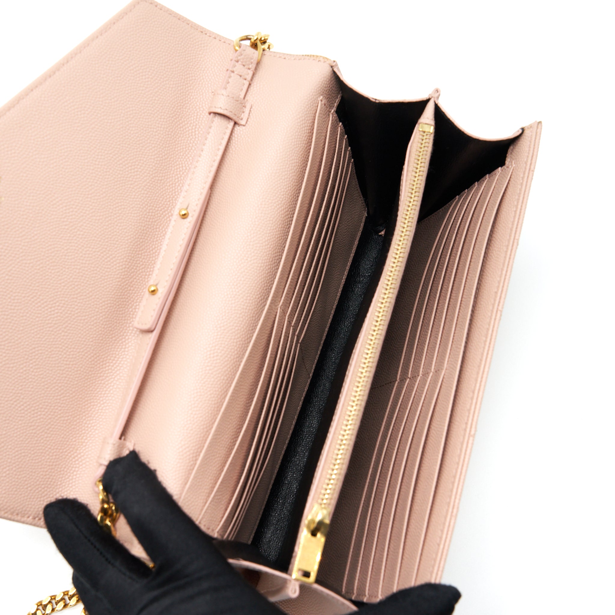 SAINT LAURENT/YSL CASSANDRE MATELASSE CHAIN WALLET GRAINED CALFSKIN PALE BLUSH GHW