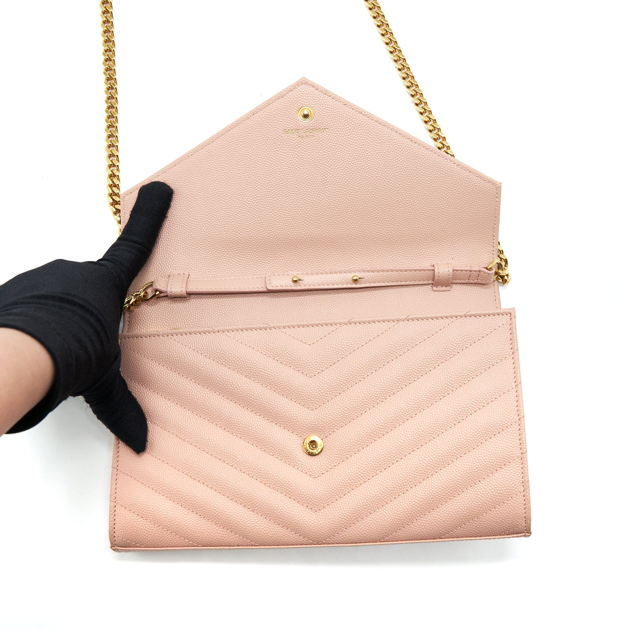 SAINT LAURENT/YSL CASSANDRE MATELASSE CHAIN WALLET GRAINED CALFSKIN PALE BLUSH GHW