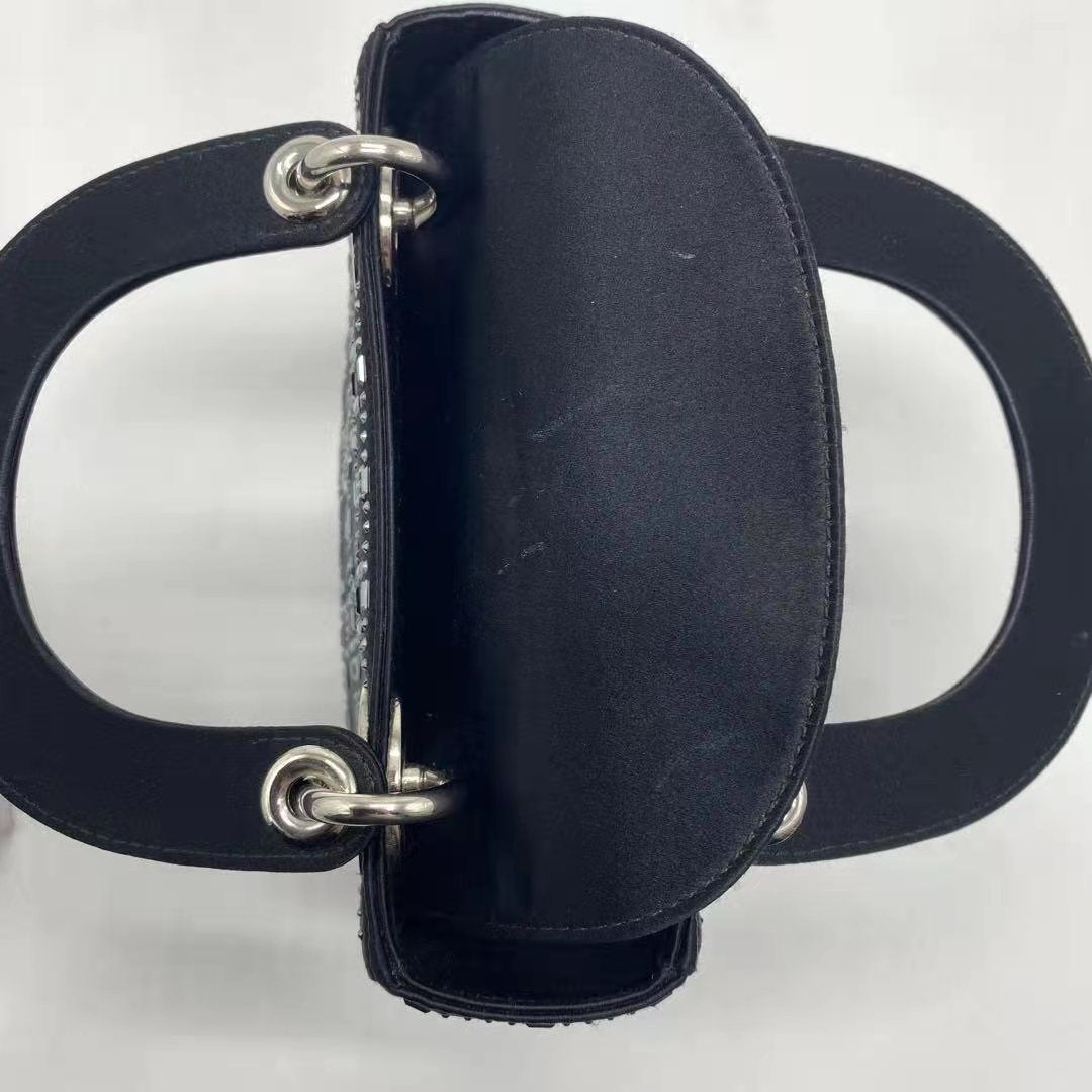 CHRISTIAN DIOR SATIN CRYSTAL CANNAGE MINI LADY DIOR BLACK