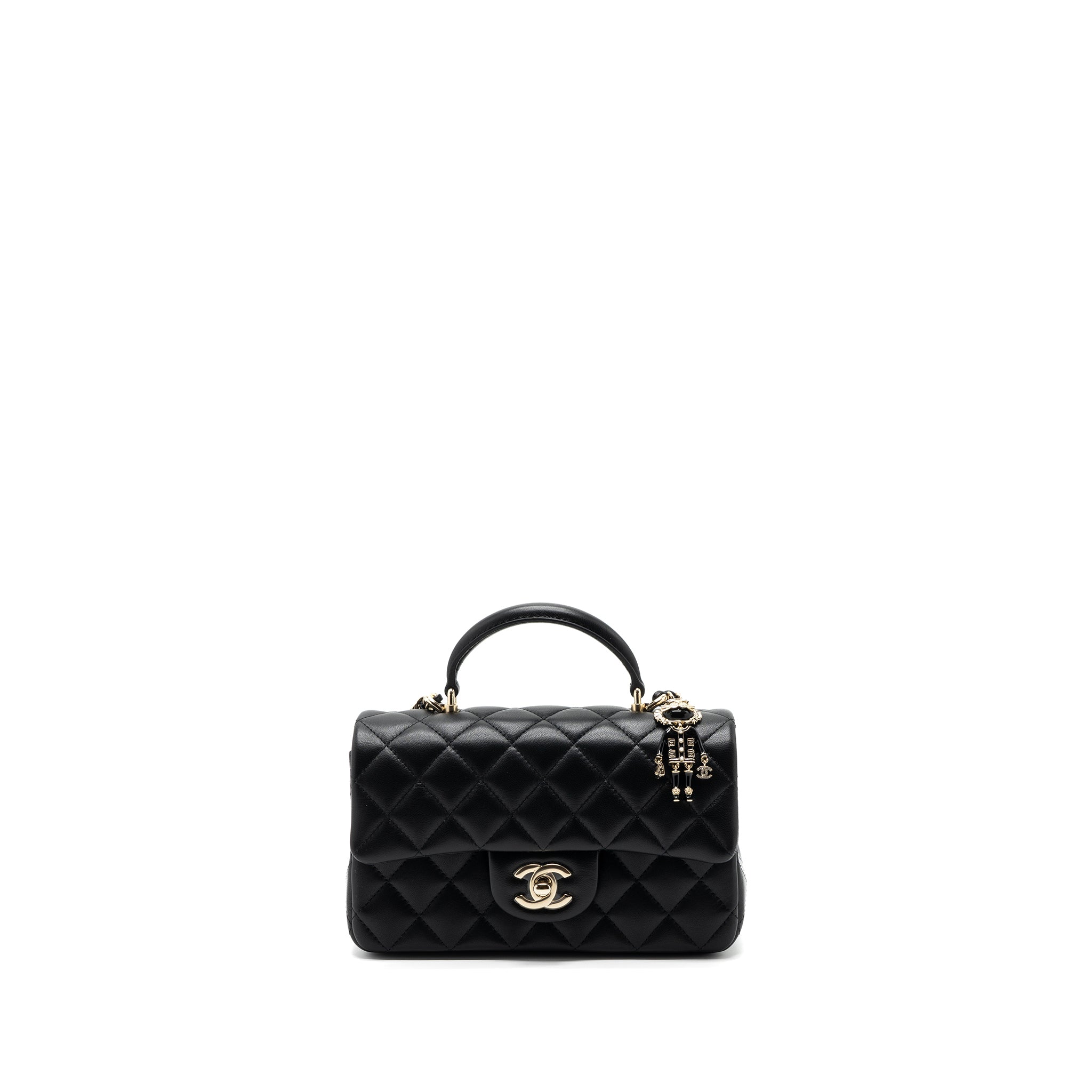 CHANEL 22P LION CHARM TOP HANDLE MINI RECTANGULAR FLAP BAG LAMBSKIN BLACK LGHW (MICROCHIP)