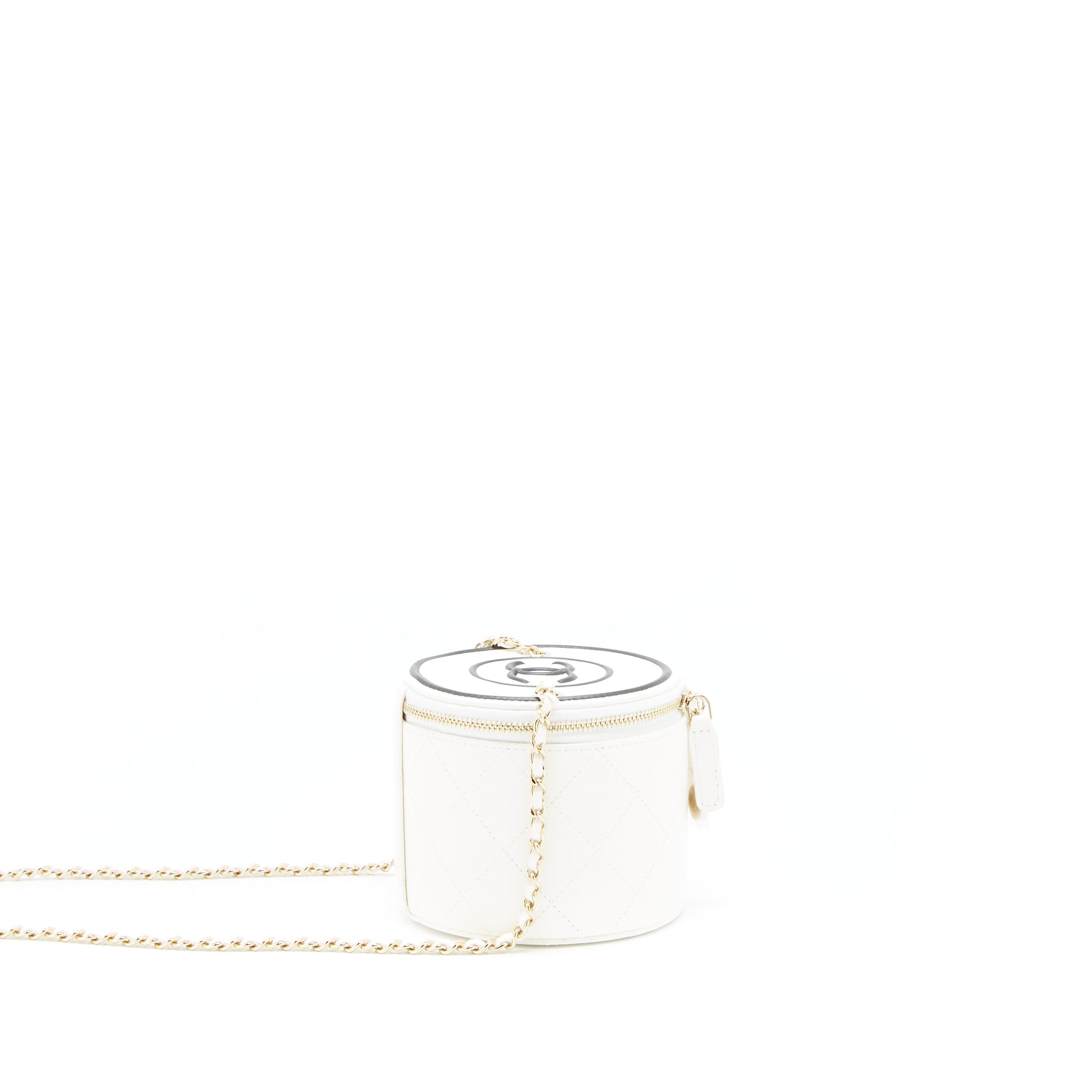 CHANEL ROUND VANITY WITH CHAIN WHITE/ BLACK WITH LGHW