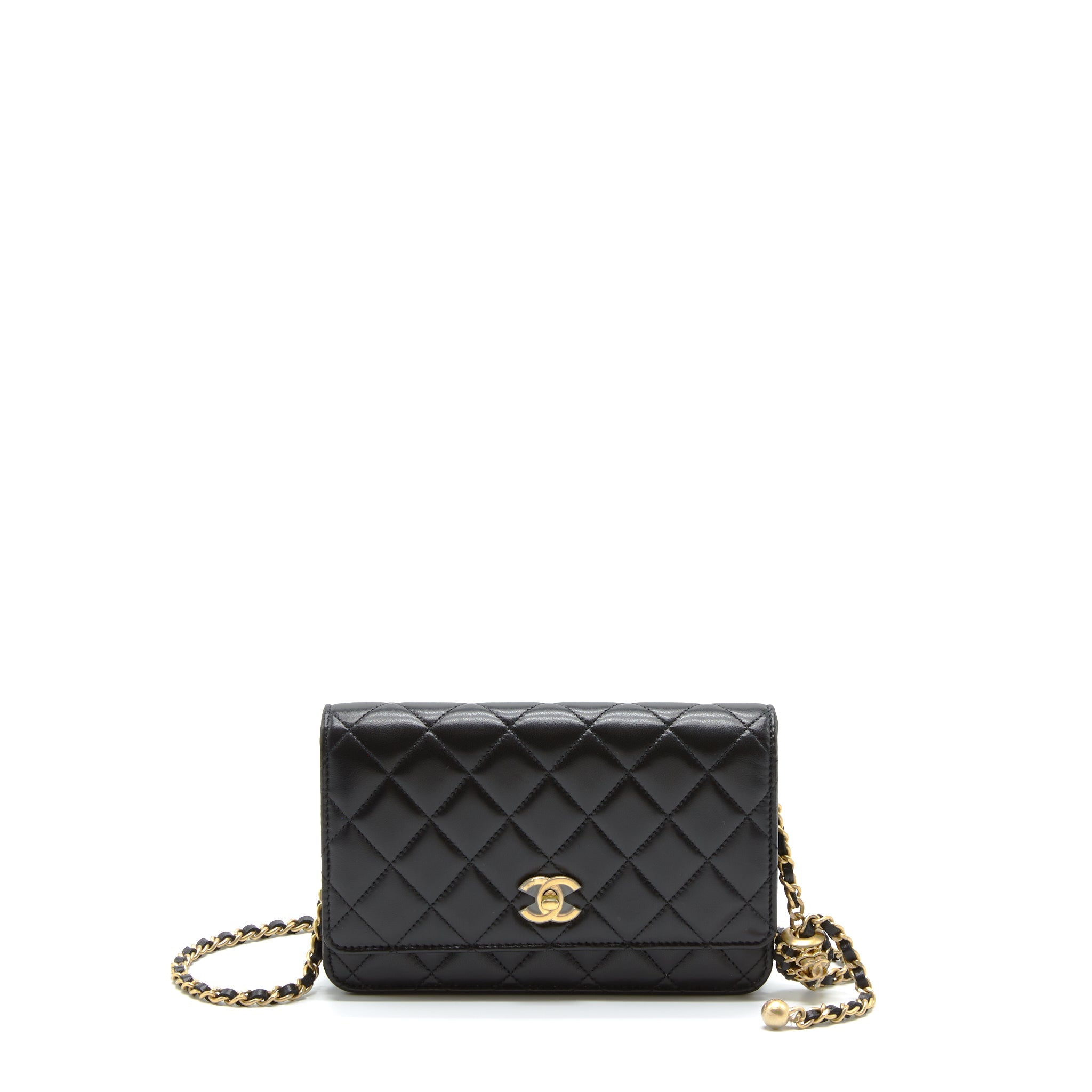 CHANEL PEARL CRUSH WALLET ON CHAIN LAMBSKIN BLACK GHW (MICROCHIP)
