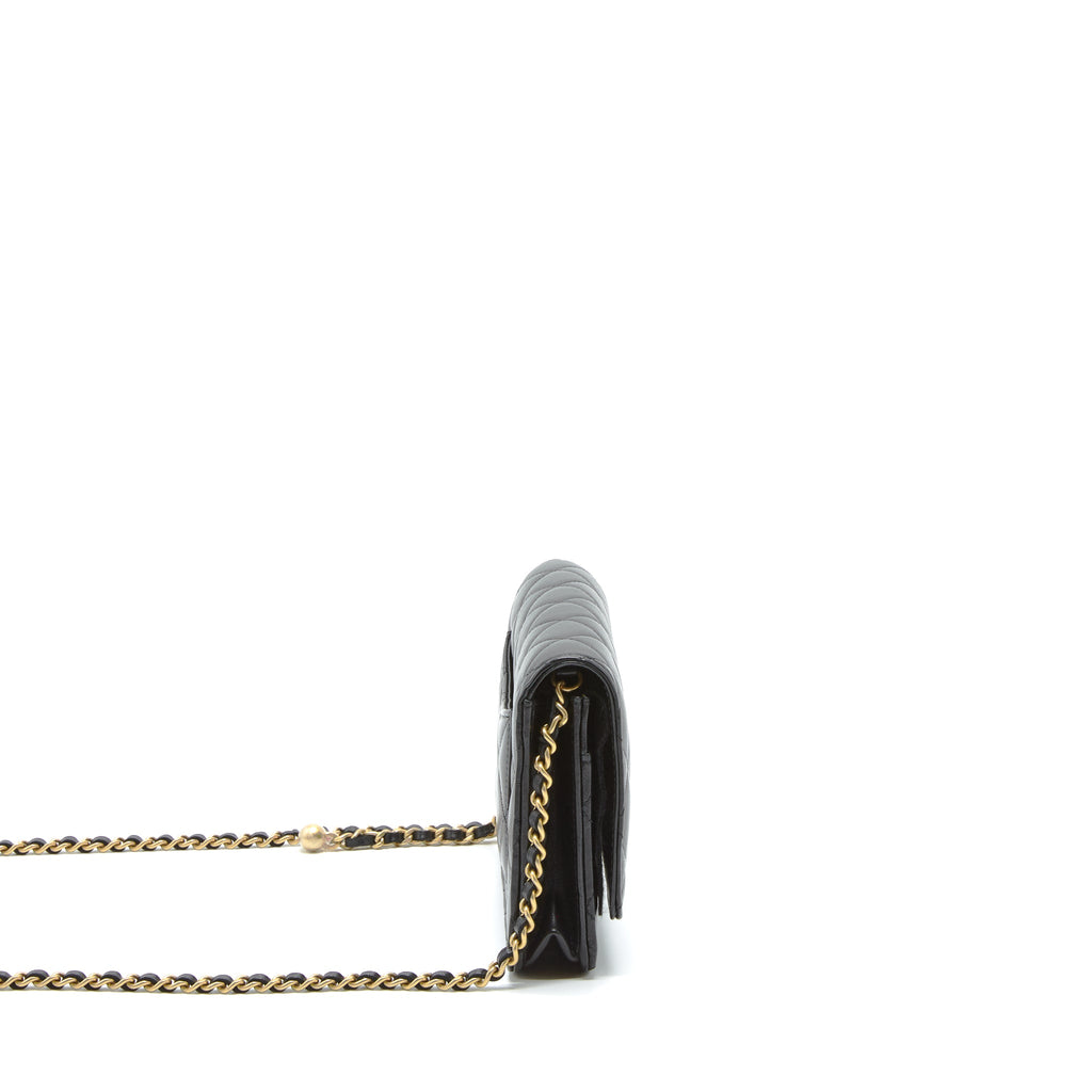 CHANEL PEARL CRUSH WALLET ON CHAIN LAMBSKIN BLACK GHW (MICROCHIP)