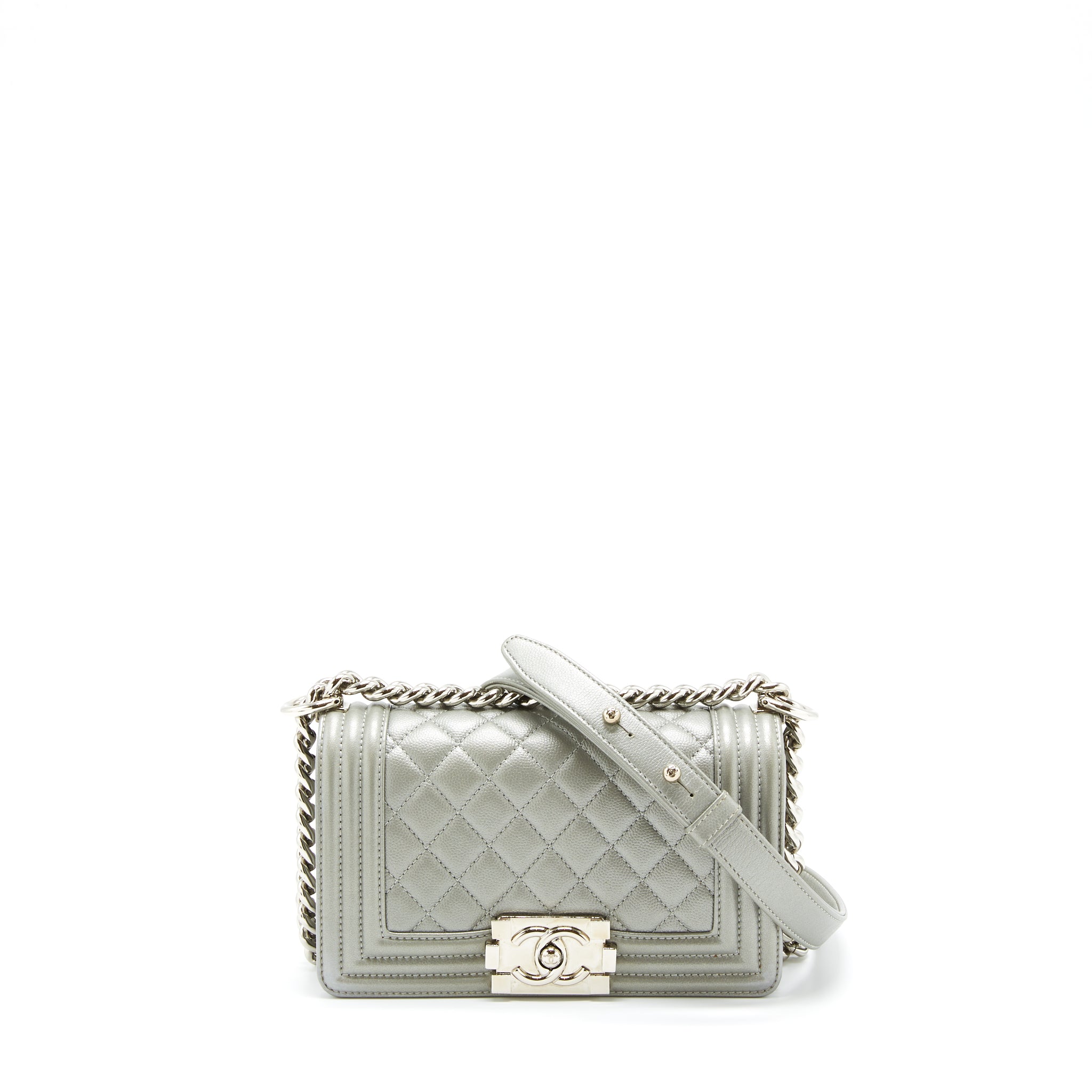 CHANEL SMALL BOY BAG CAVIAR LIGHT GREY SHW