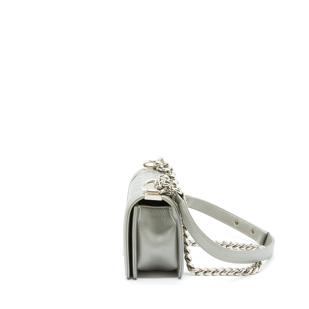CHANEL SMALL BOY BAG CAVIAR LIGHT GREY SHW