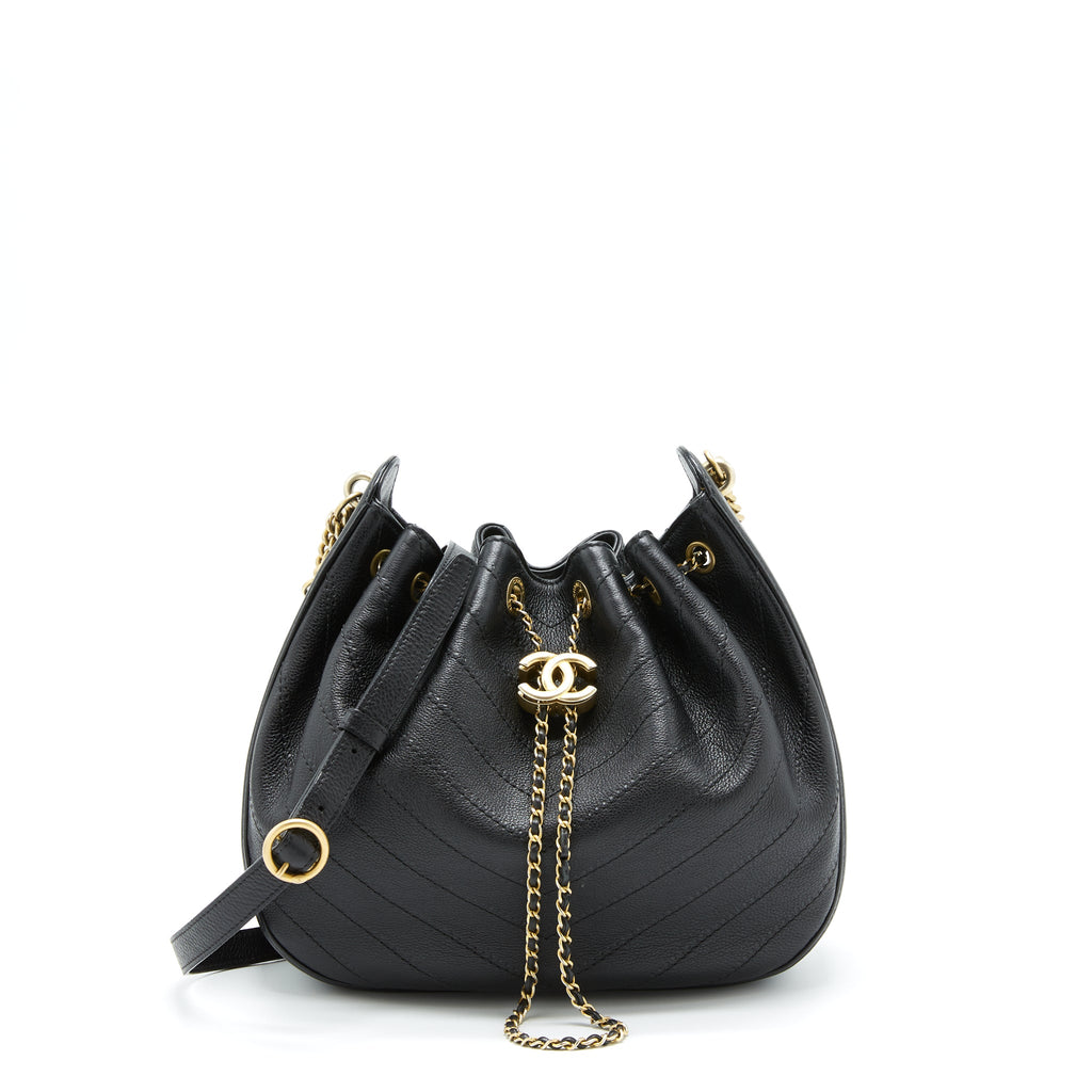 CHANEL CHEVRON BUCKET BAG GRAINED CALFSKIN BLACK GHW