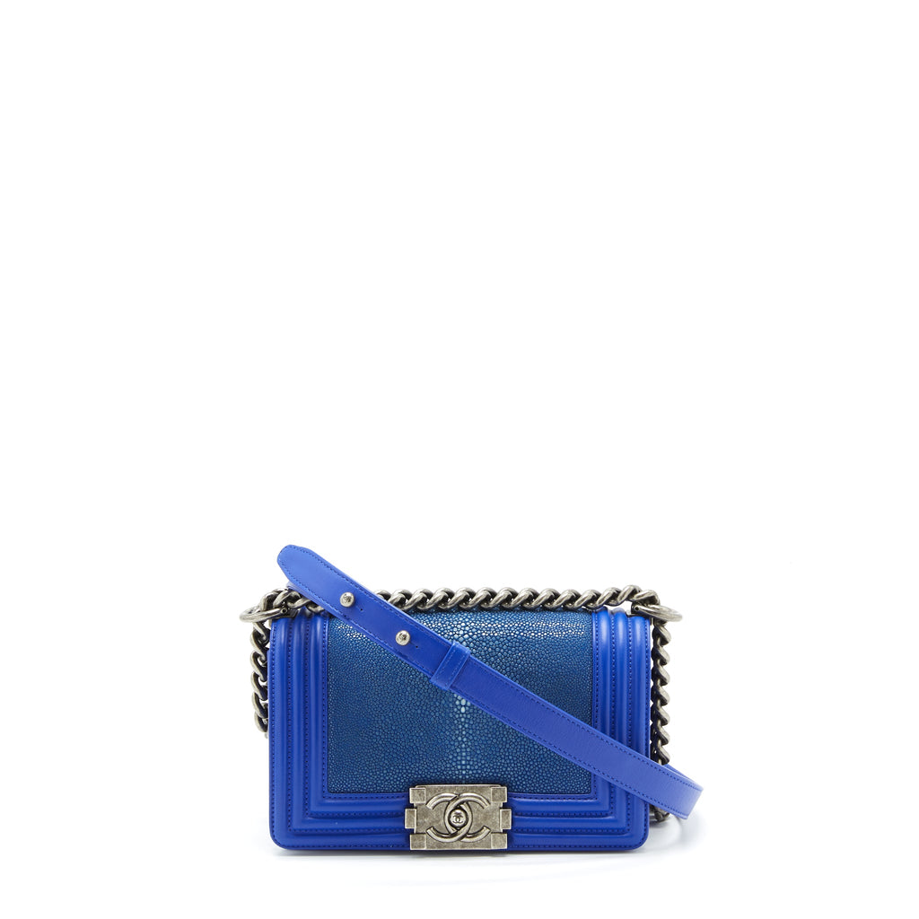 CHANEL SMALL BOY CRYSTAL GALUCHAT BLUE RUTHENIUM HARDWARE
