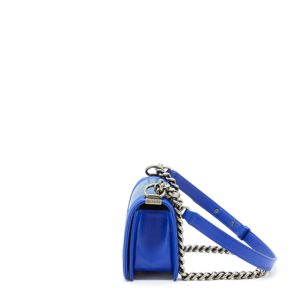 CHANEL SMALL BOY CRYSTAL GALUCHAT BLUE RUTHENIUM HARDWARE