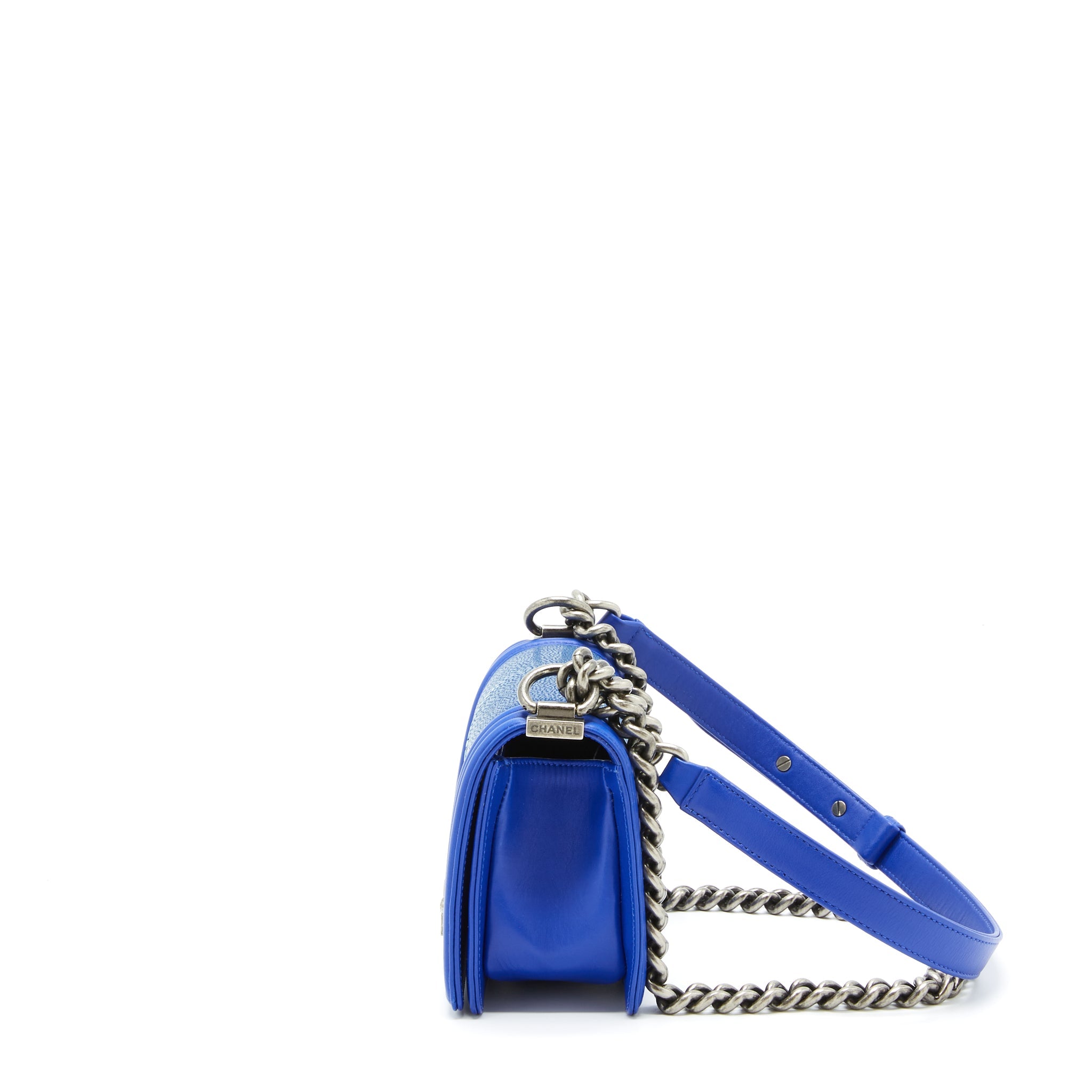 CHANEL SMALL BOY CRYSTAL GALUCHAT BLUE RUTHENIUM HARDWARE