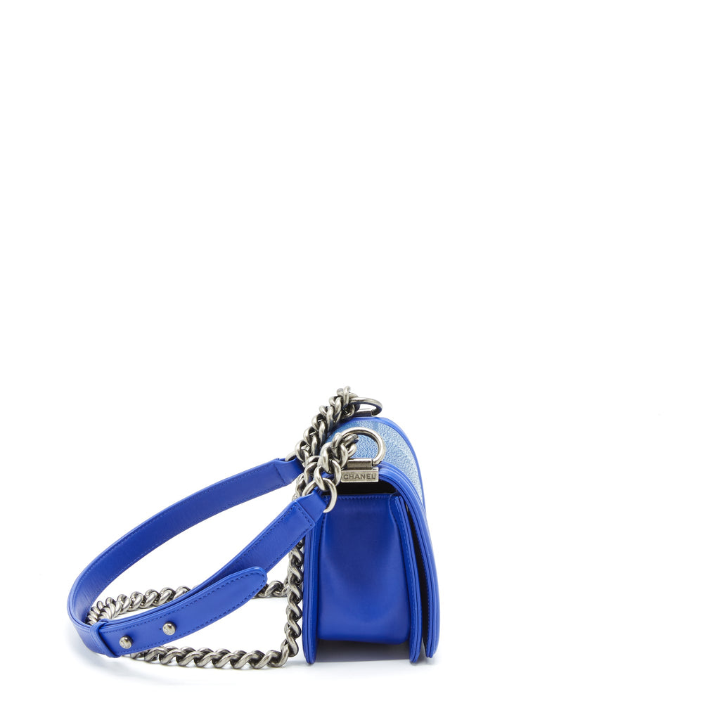 CHANEL SMALL BOY CRYSTAL GALUCHAT BLUE RUTHENIUM HARDWARE