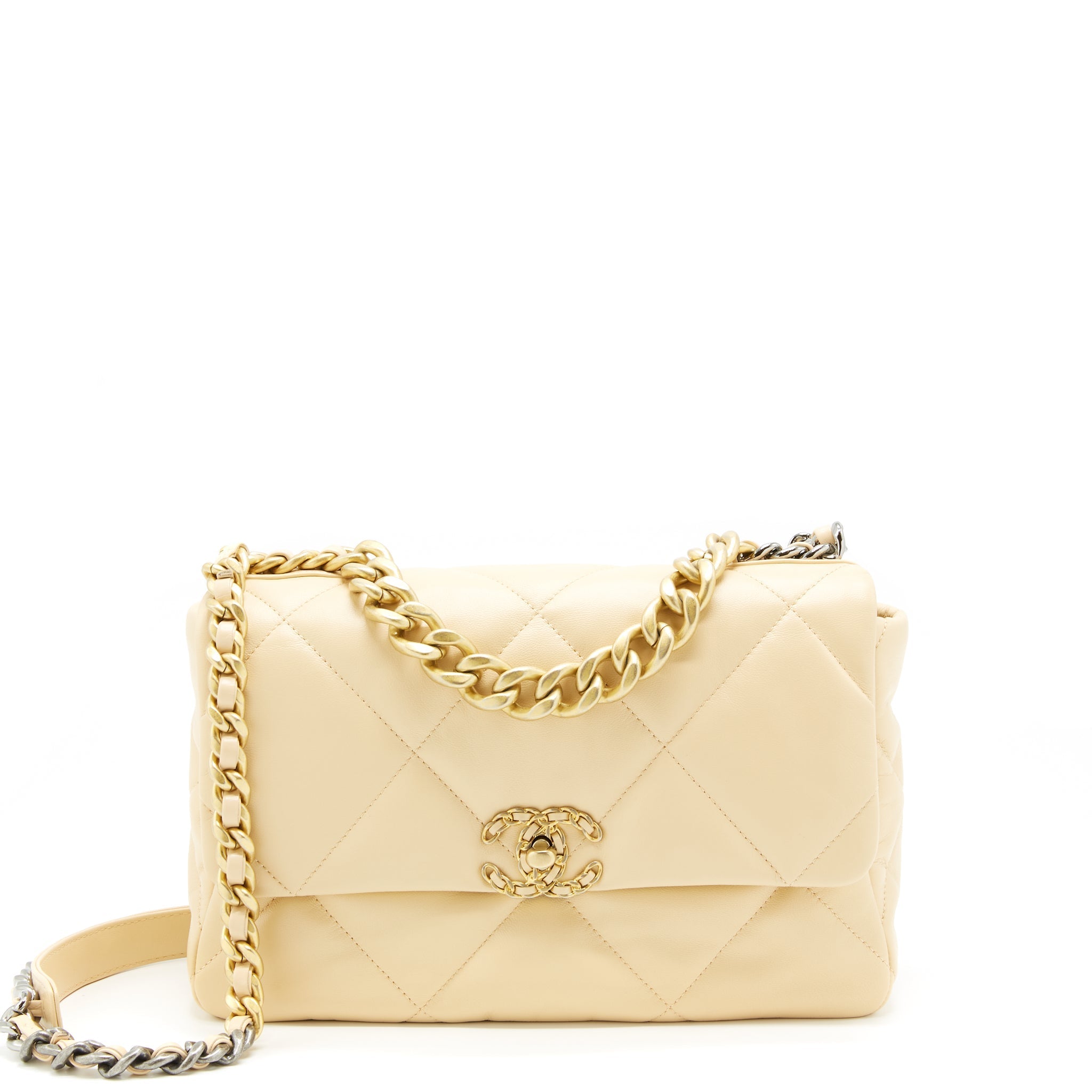 CHANEL MEDIUM 19 BAG GOATSKIN BEIGE WITH GOLD/SILVER HARDWARE