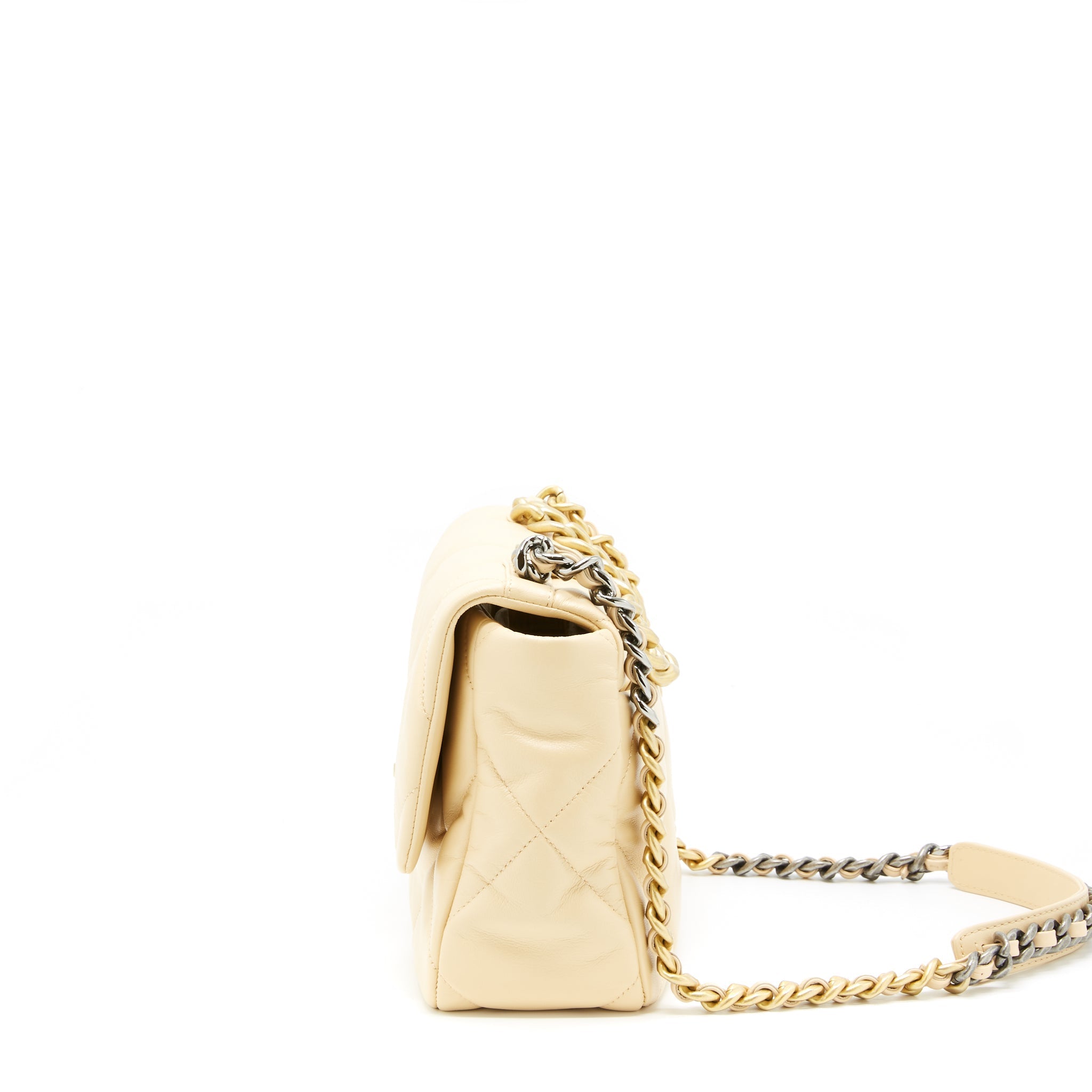 CHANEL MEDIUM 19 BAG GOATSKIN BEIGE WITH GOLD/SILVER HARDWARE