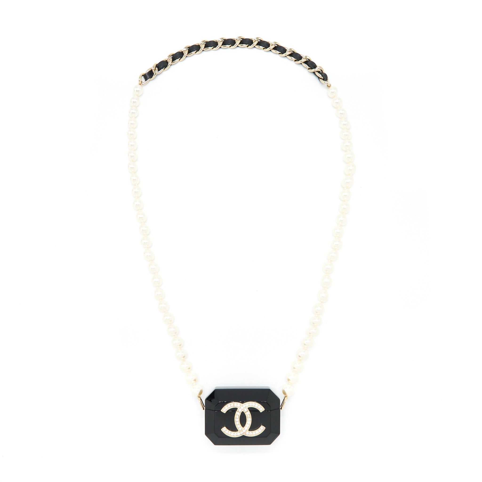 CHANEL AIRPODS CASE WITH PEARL CHAIN BLACK LGHW