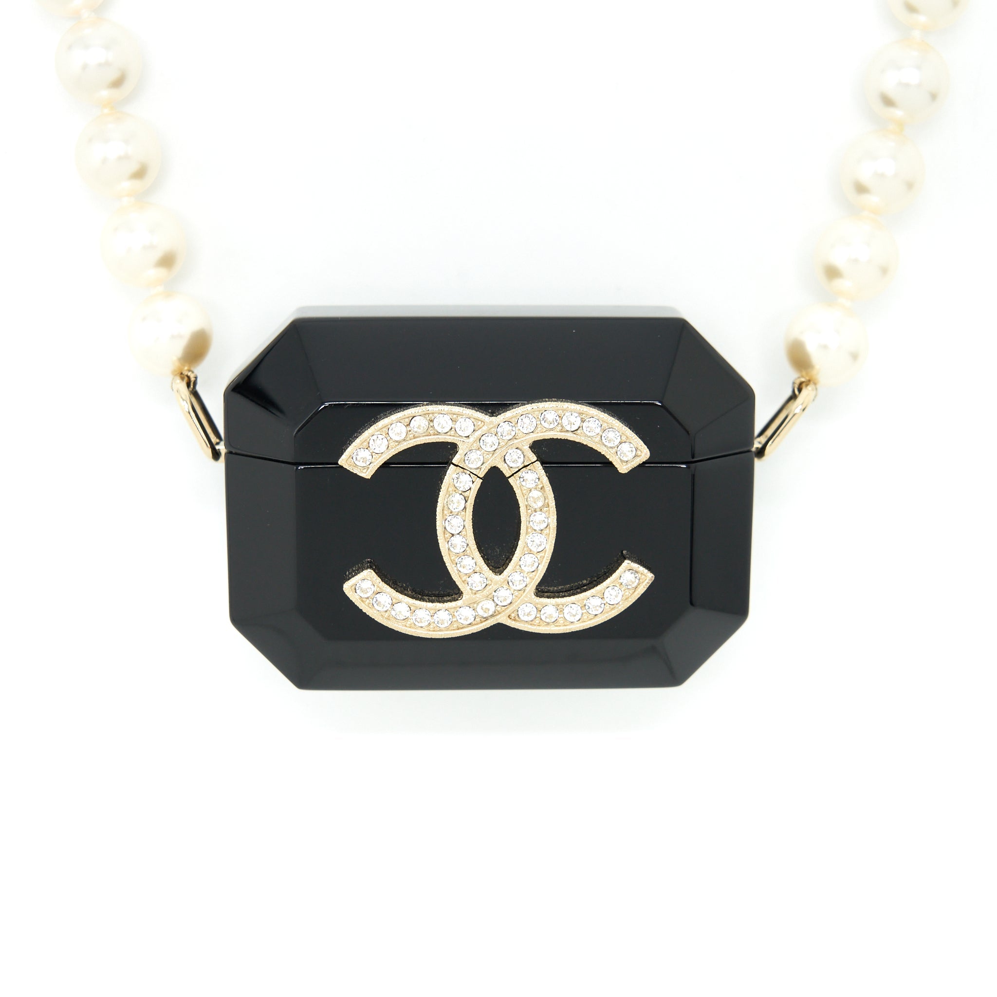 CHANEL AIRPODS CASE WITH PEARL CHAIN BLACK LGHW