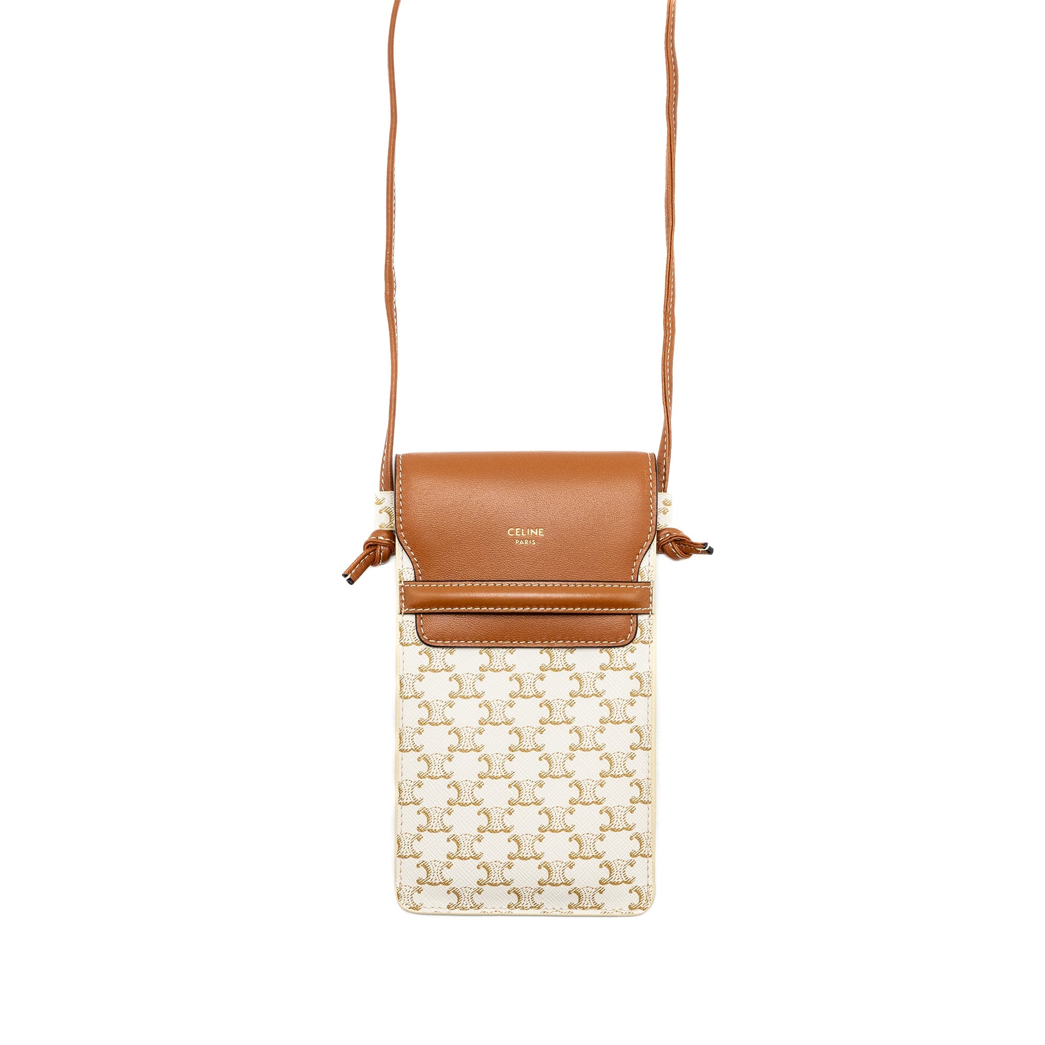 CELINE PHONE POUCH WITH FLAP TRIOMPHE CANVAS /LAMBSKIN WHITE/TAN
