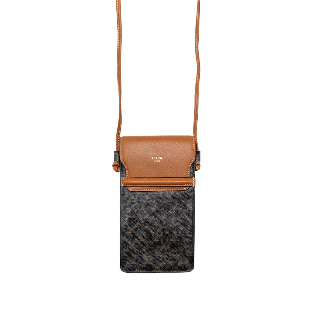 CELINE PHONE POUCH WITH FLAP TRIOMPHE CANVAS /LAMBSKIN TAN