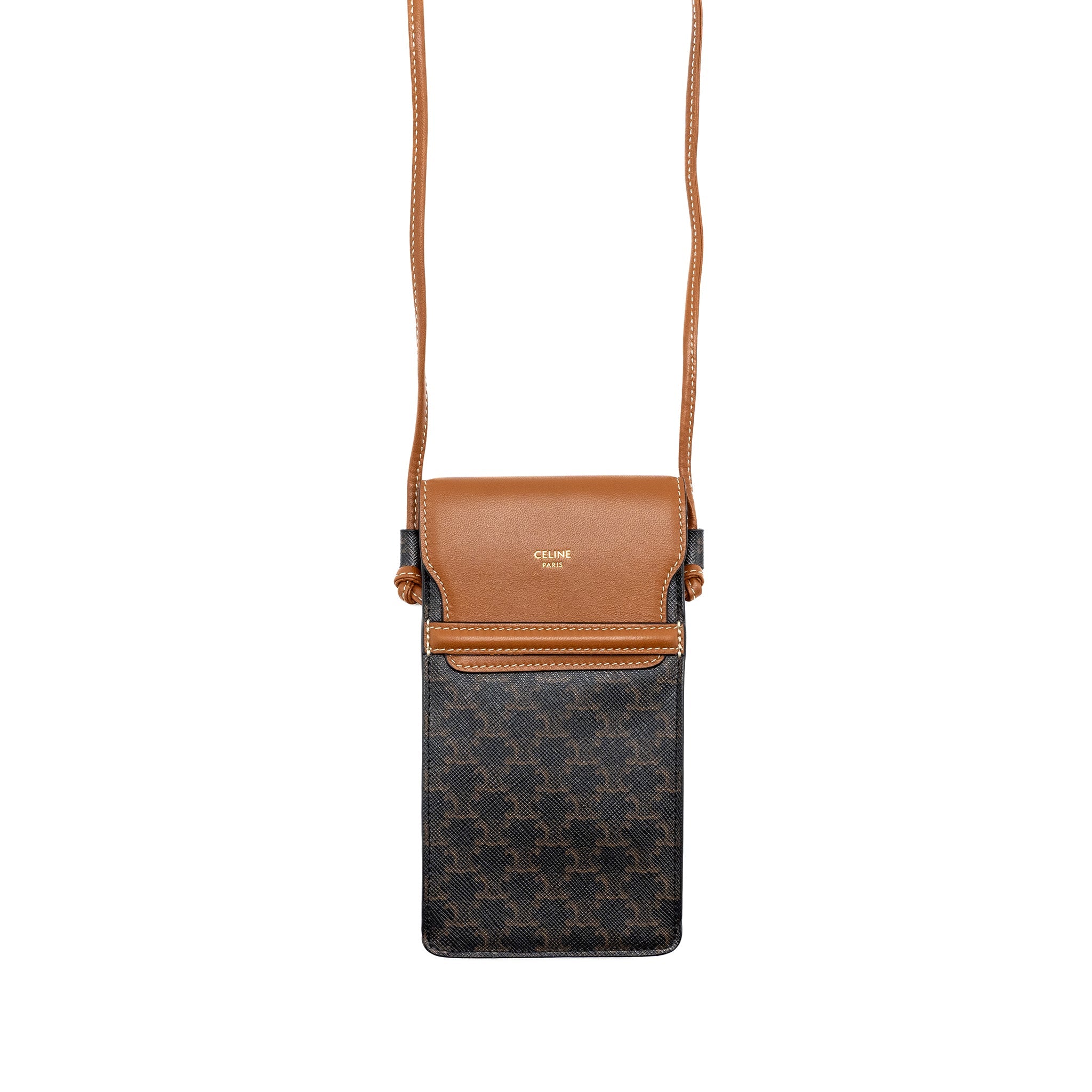 CELINE PHONE POUCH WITH FLAP TRIOMPHE CANVAS /LAMBSKIN TAN