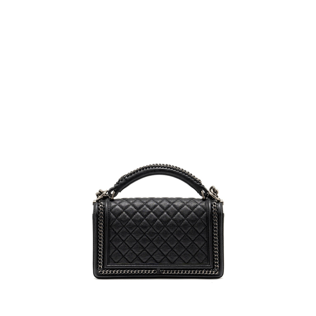 CHANEL TOP HANDLE BOY BAG LIMITED EDITION GRAINED CALFSKIN BLACK RUTHENIUM SILVER HARDWARE