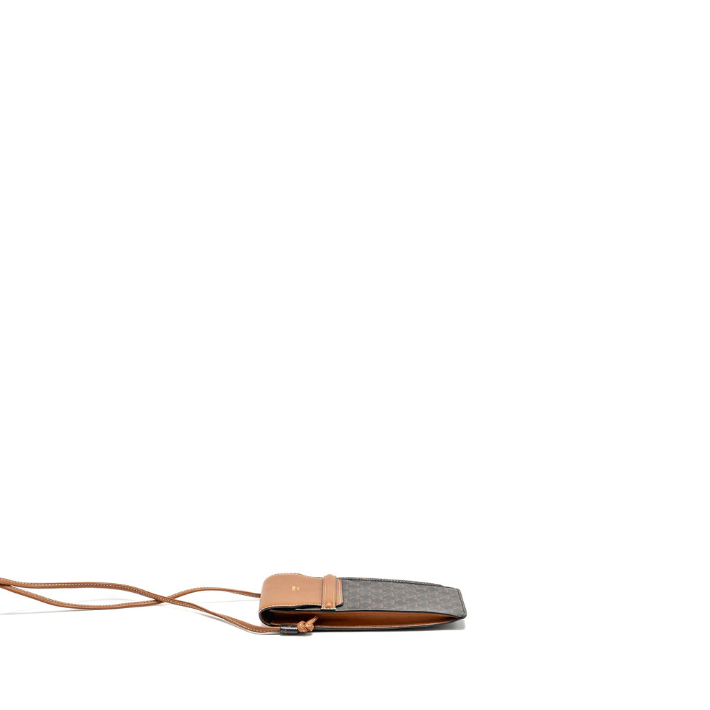 CELINE PHONE POUCH WITH FLAP TRIOMPHE CANVAS /LAMBSKIN TAN