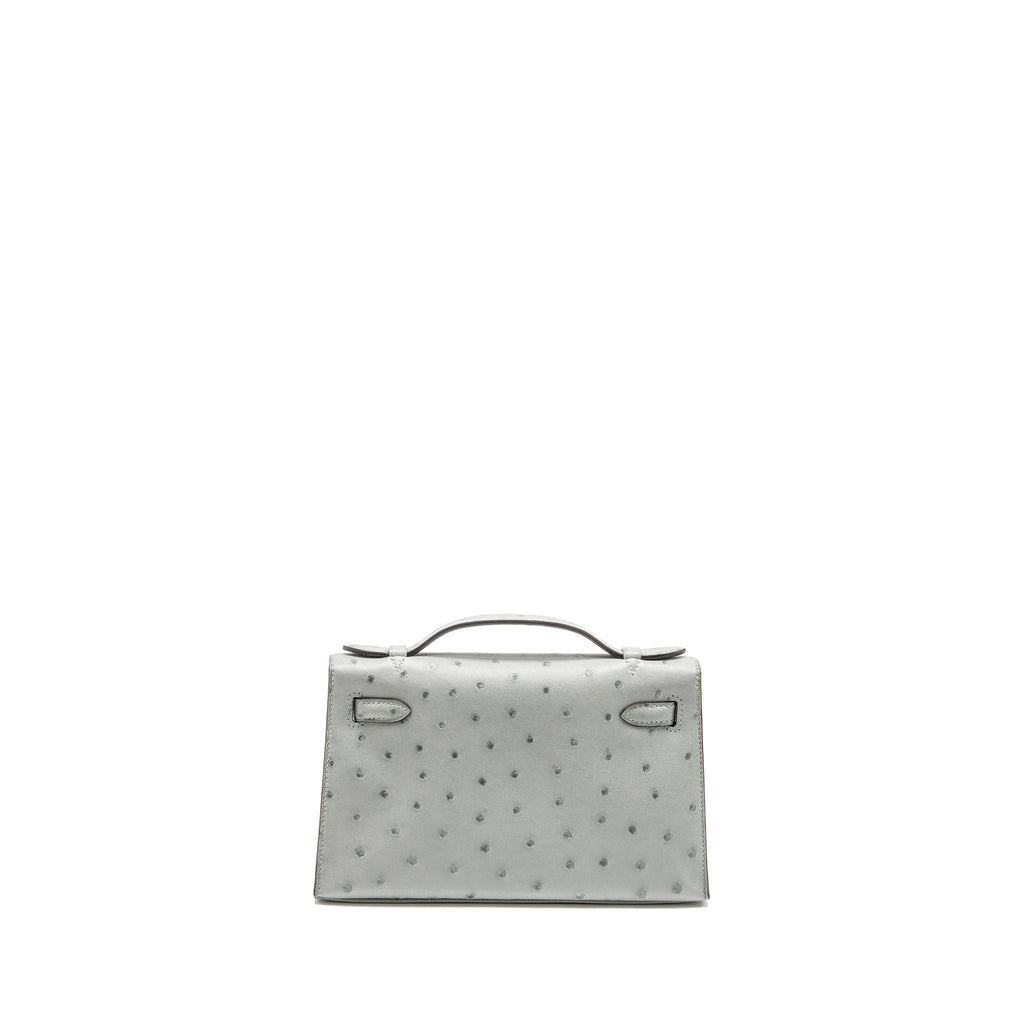 HERMES KELLY POCHETTE OSTRICH BLEU GLACIER GHW