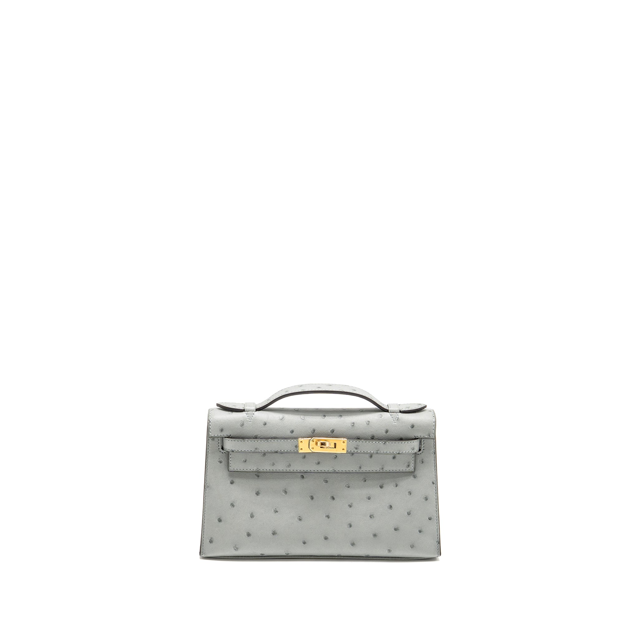 HERMES KELLY POCHETTE OSTRICH BLEU GLACIER GHW