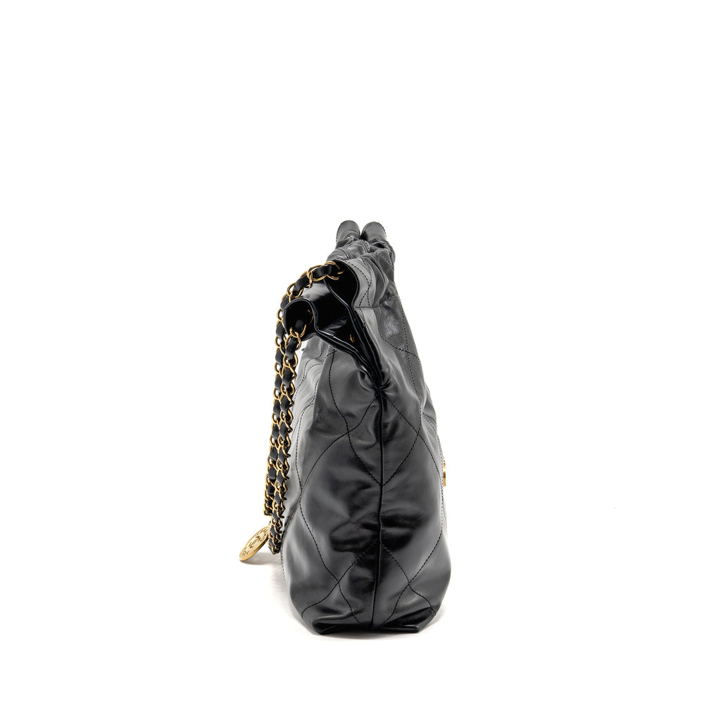CHANEL SMALL 22 BAG SHINY CALFSKIN BLACK GHW (MICROCHIP)