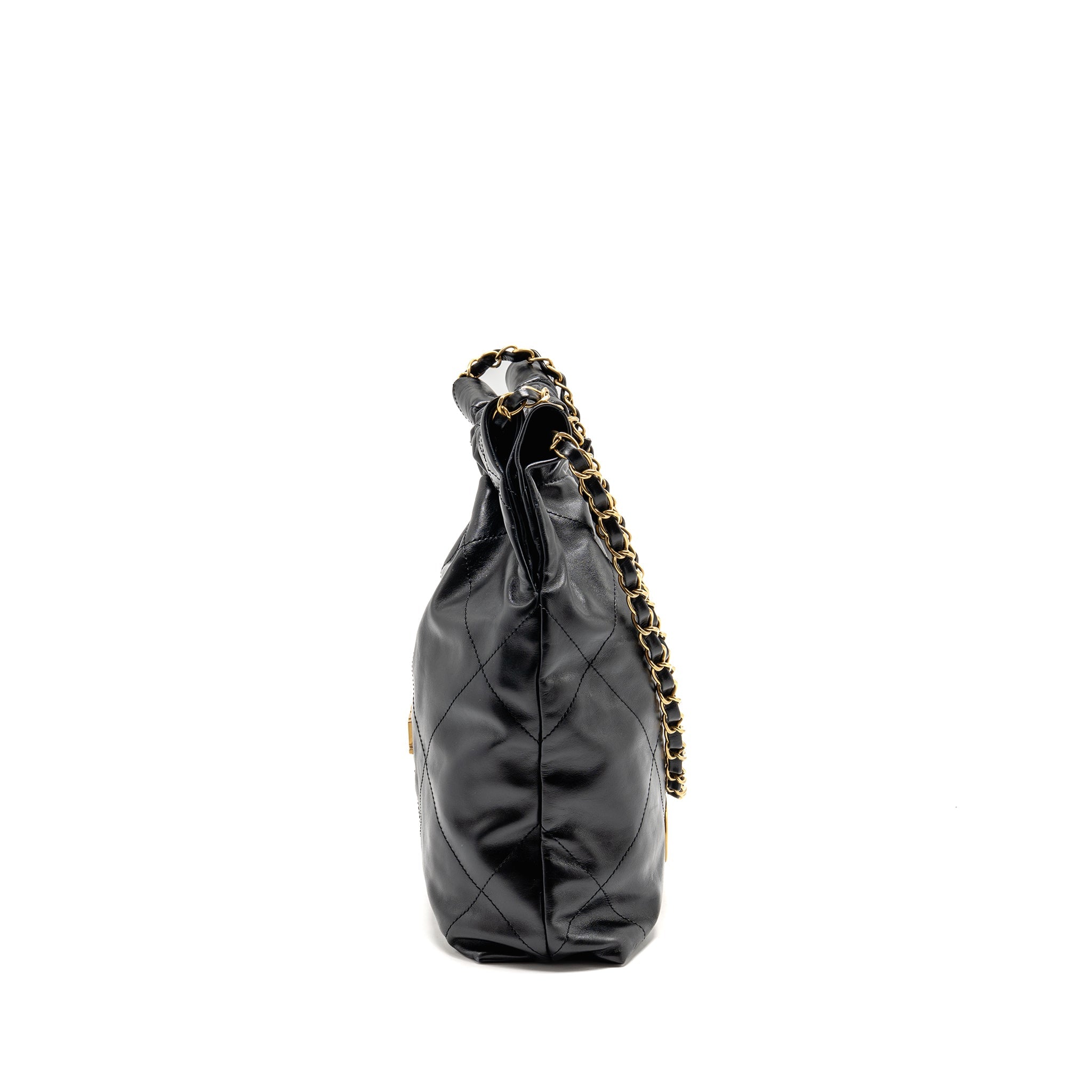 CHANEL SMALL 22 BAG SHINY CALFSKIN BLACK GHW (MICROCHIP)