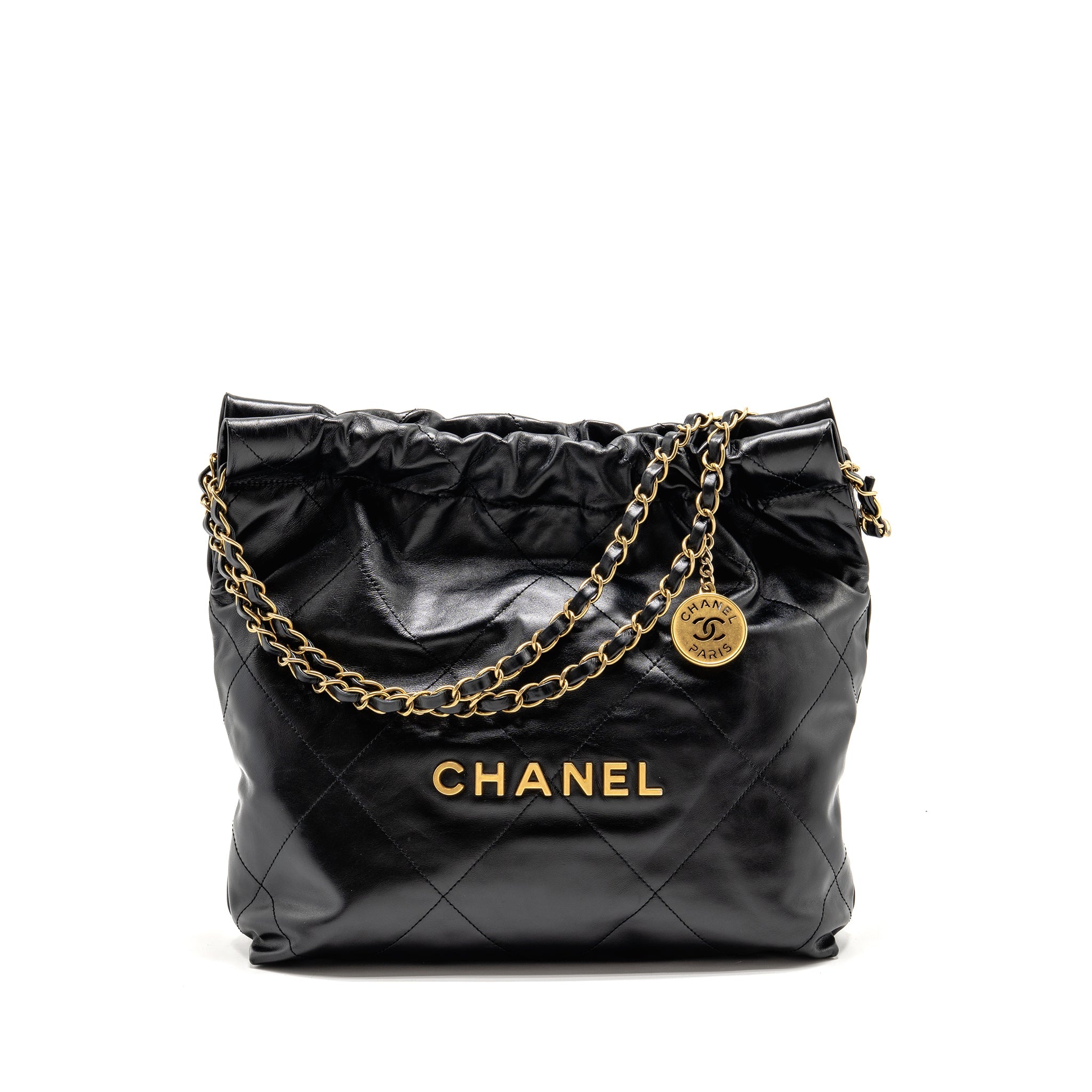 CHANEL SMALL 22 BAG SHINY CALFSKIN BLACK GHW (MICROCHIP)