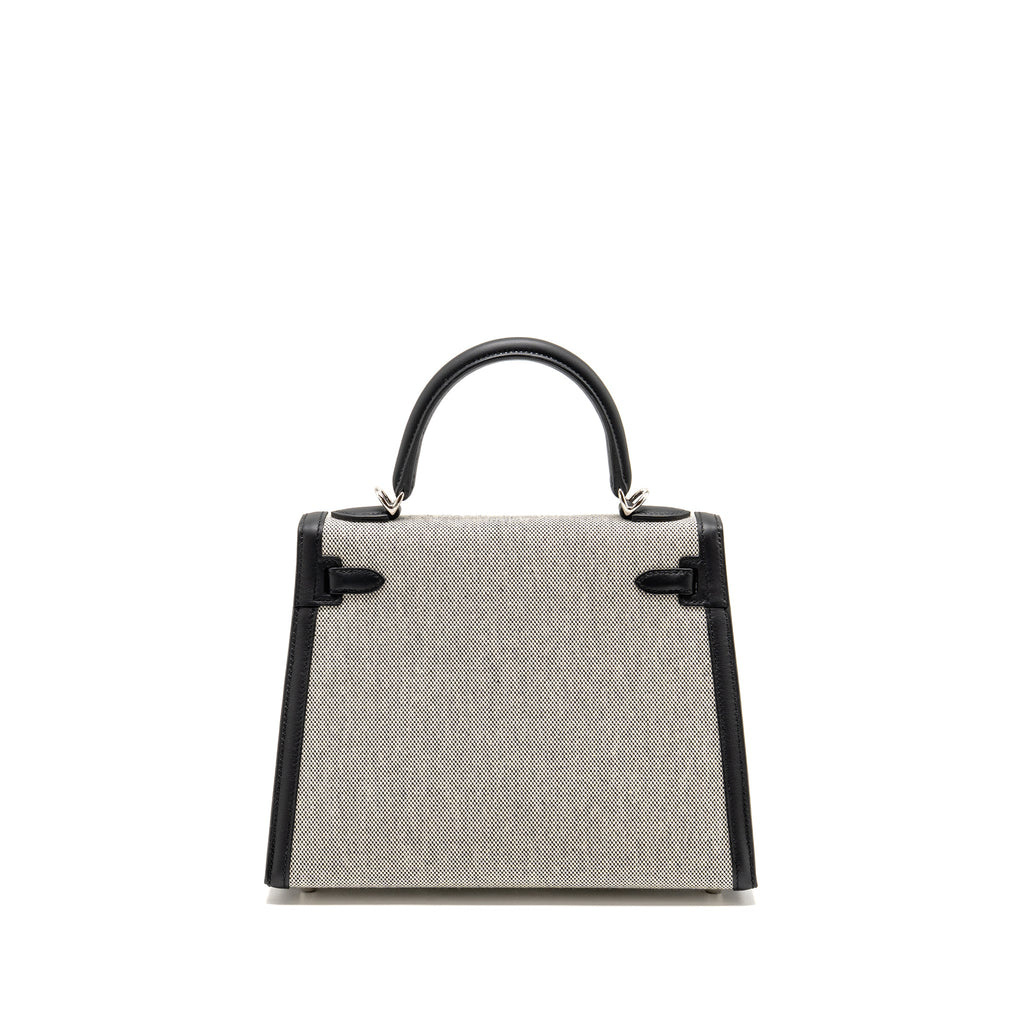 HERMES KELLY 25 SELLIER TOILE H/SWIFT ECRU-BLACK/BLACK SHW