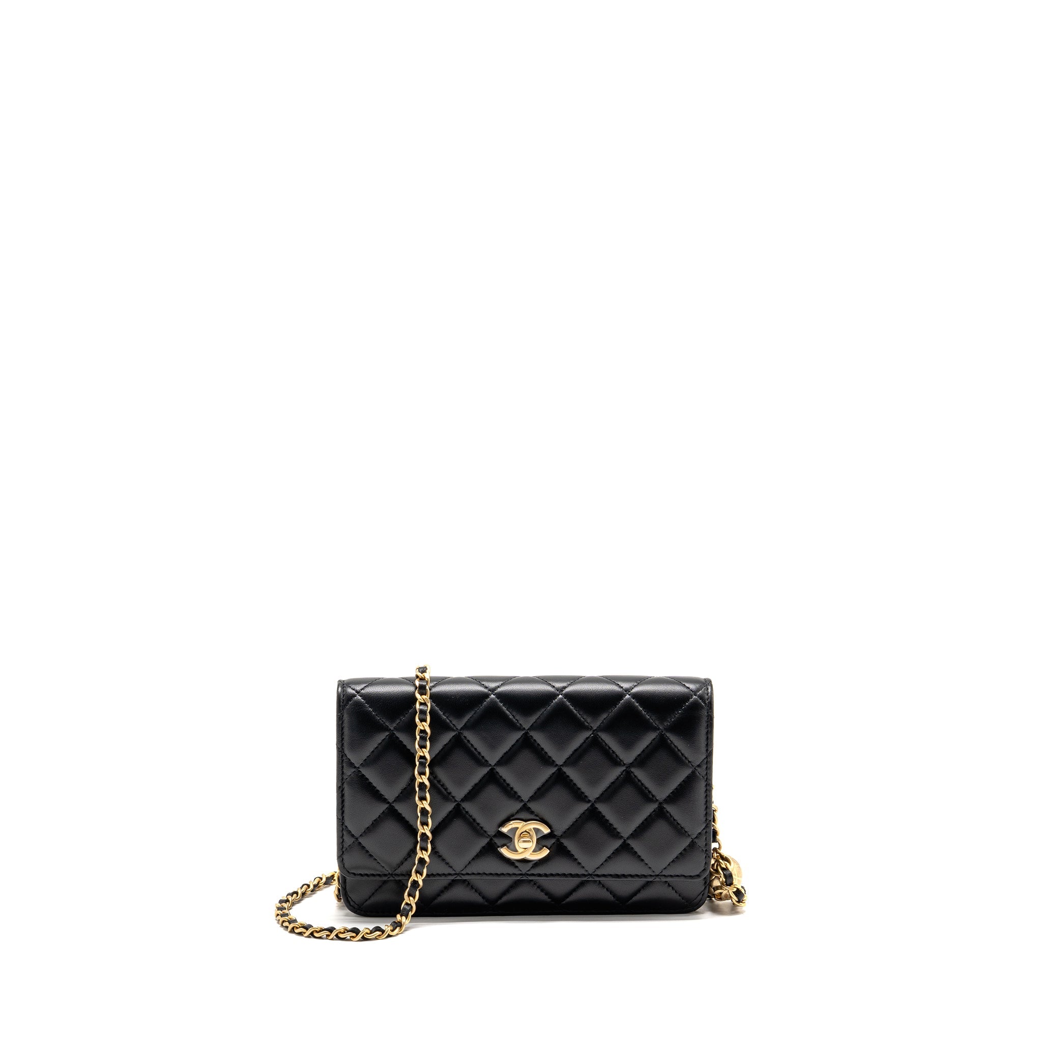 CHANEL PEARL CRUSH WALLET ON CHAIN LAMBSKIN BLACK GHW (MICROCHIP)