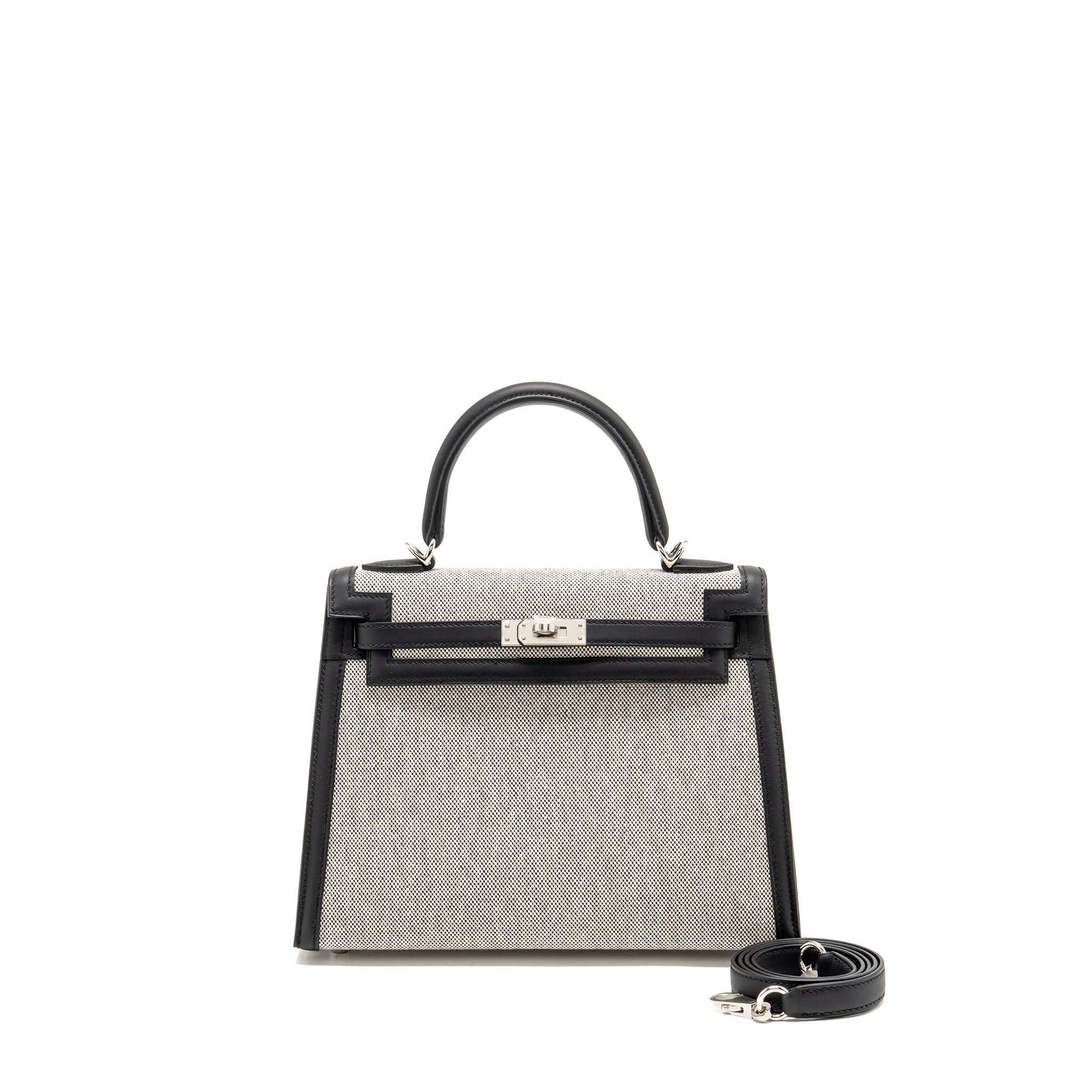 HERMES KELLY 25 SELLIER TOILE H/SWIFT ECRU-BLACK/BLACK SHW