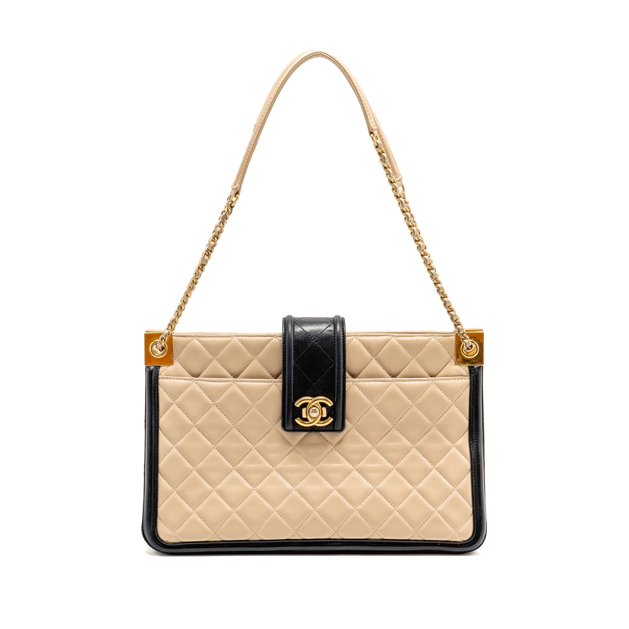 CHANEL ELEGANT CC TOTE QUILTED LAMBSKIN BEIGE/BLACK GHW