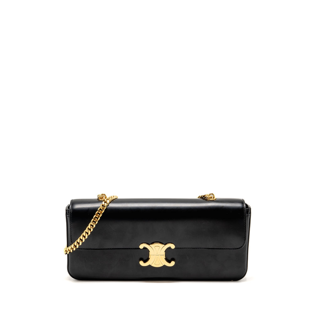 CELINE TRIOMPHE CLAUDE CHAIN SHOULDER BAG SHINY CALFSKIN BLACK GHW