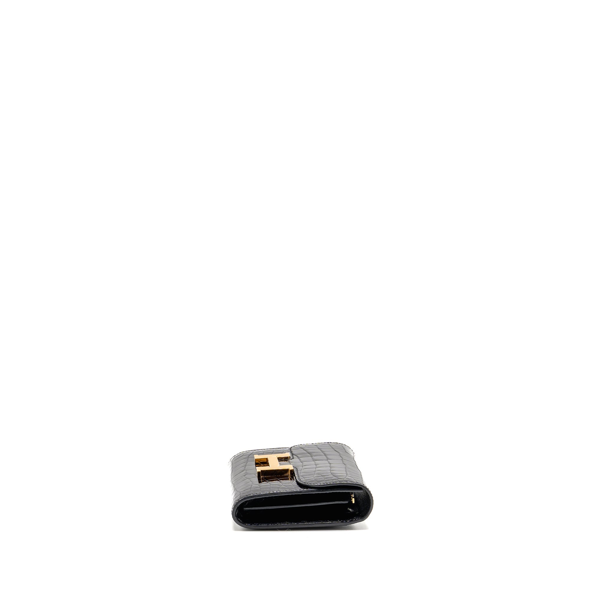 HERMES CONSTANCE COMPACT WALLET SHINY ALLIGATOR MISSISSIPPIENSIS BLACK GHW