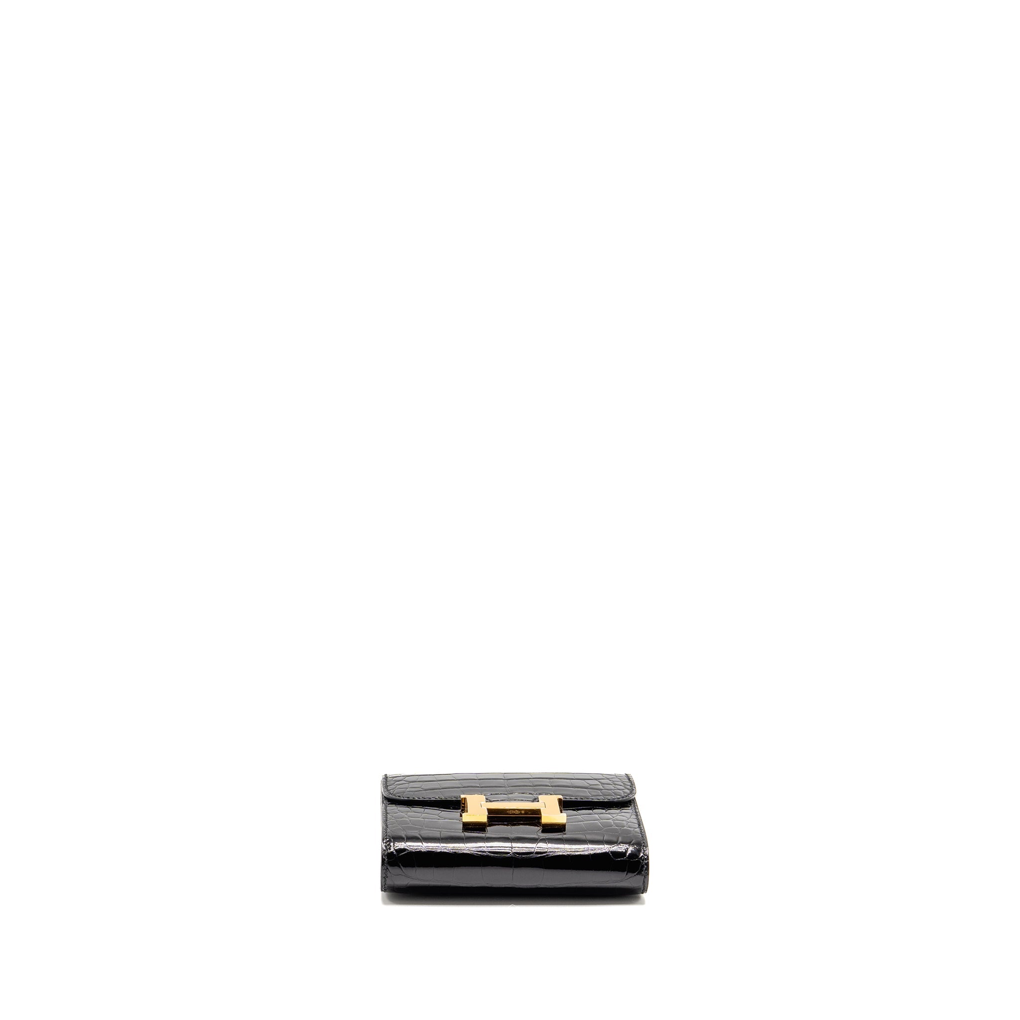 HERMES CONSTANCE COMPACT WALLET SHINY ALLIGATOR MISSISSIPPIENSIS BLACK GHW