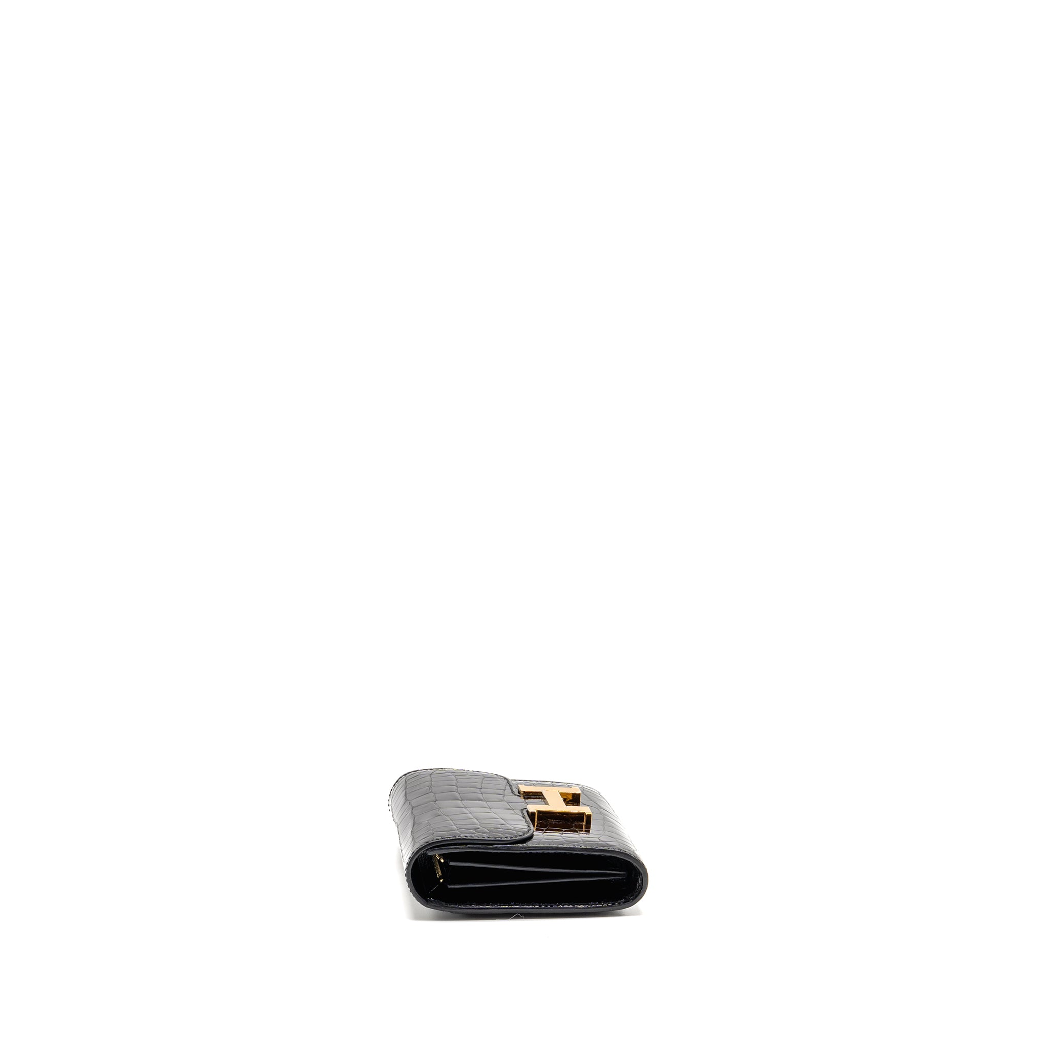 HERMES CONSTANCE COMPACT WALLET SHINY ALLIGATOR MISSISSIPPIENSIS BLACK GHW