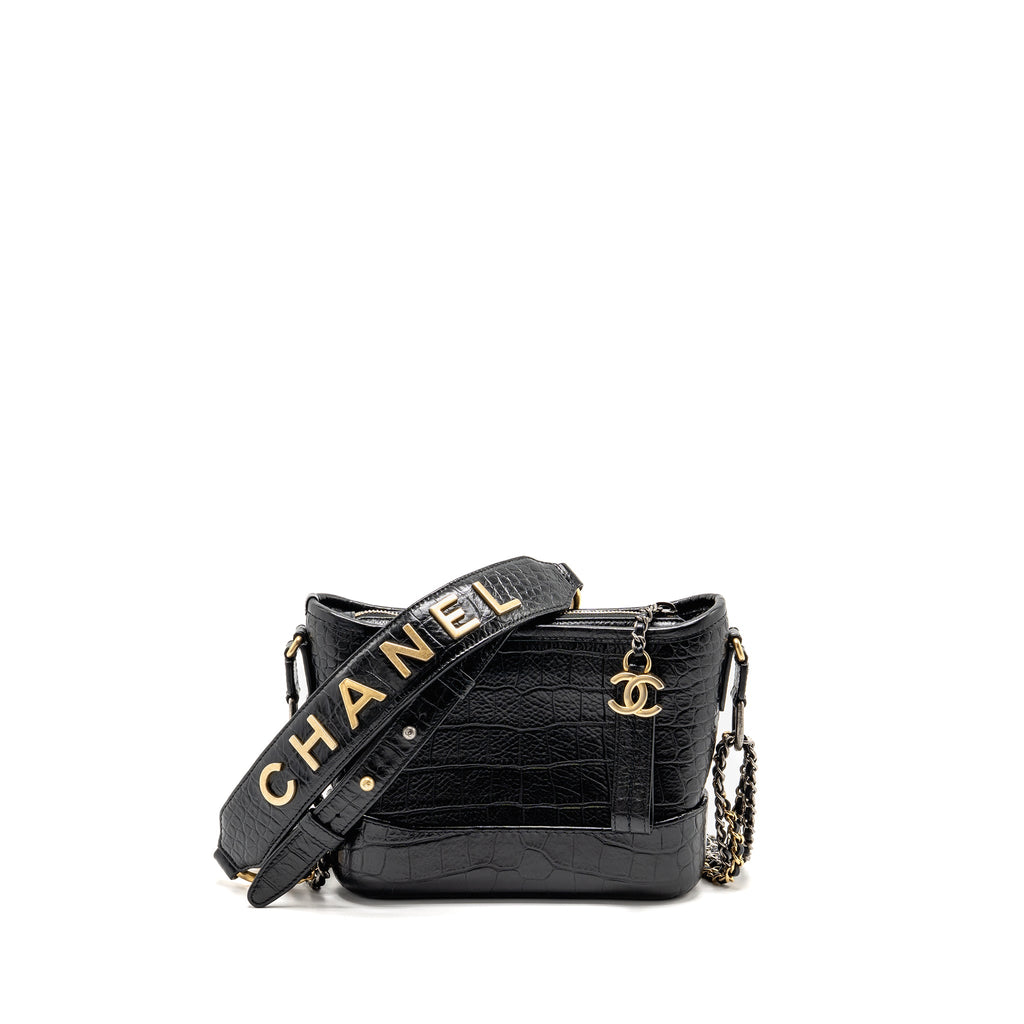 CHANEL SMALL GABRIELLE HOBO BAG WITH TOP HANDLE CROC-EMBOSSED CALFSKIN BLACK MULTICOLOURED HARDWARE