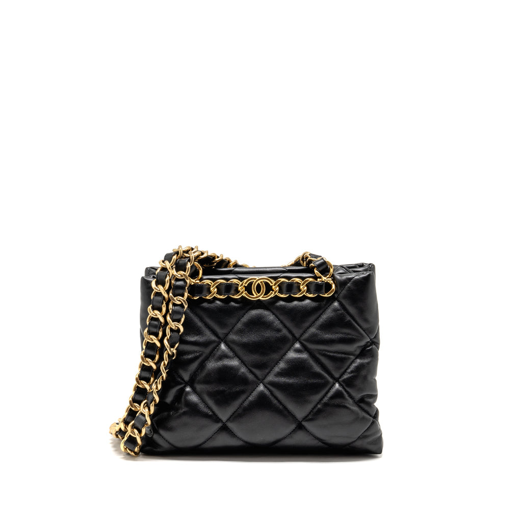 CHANEL QUILTED DOUBLE CHAIN SHOPPING TOTE BAG LAMBSKIN BLACK GHW (MICROCHIP)