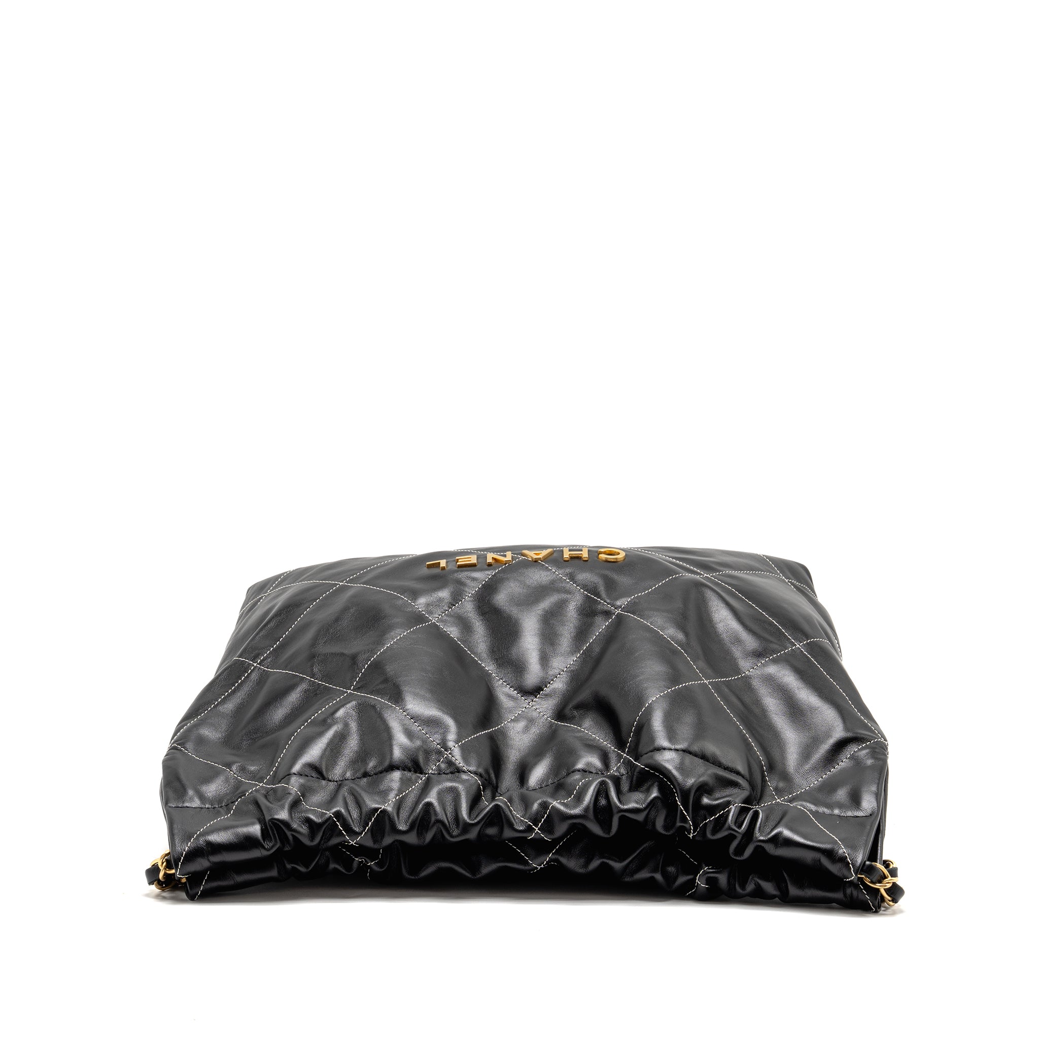 CHANEL MEDIUM 22 BAG WHITE STITCHING CALFSKIN BLACK GHW (MICROCHIP)