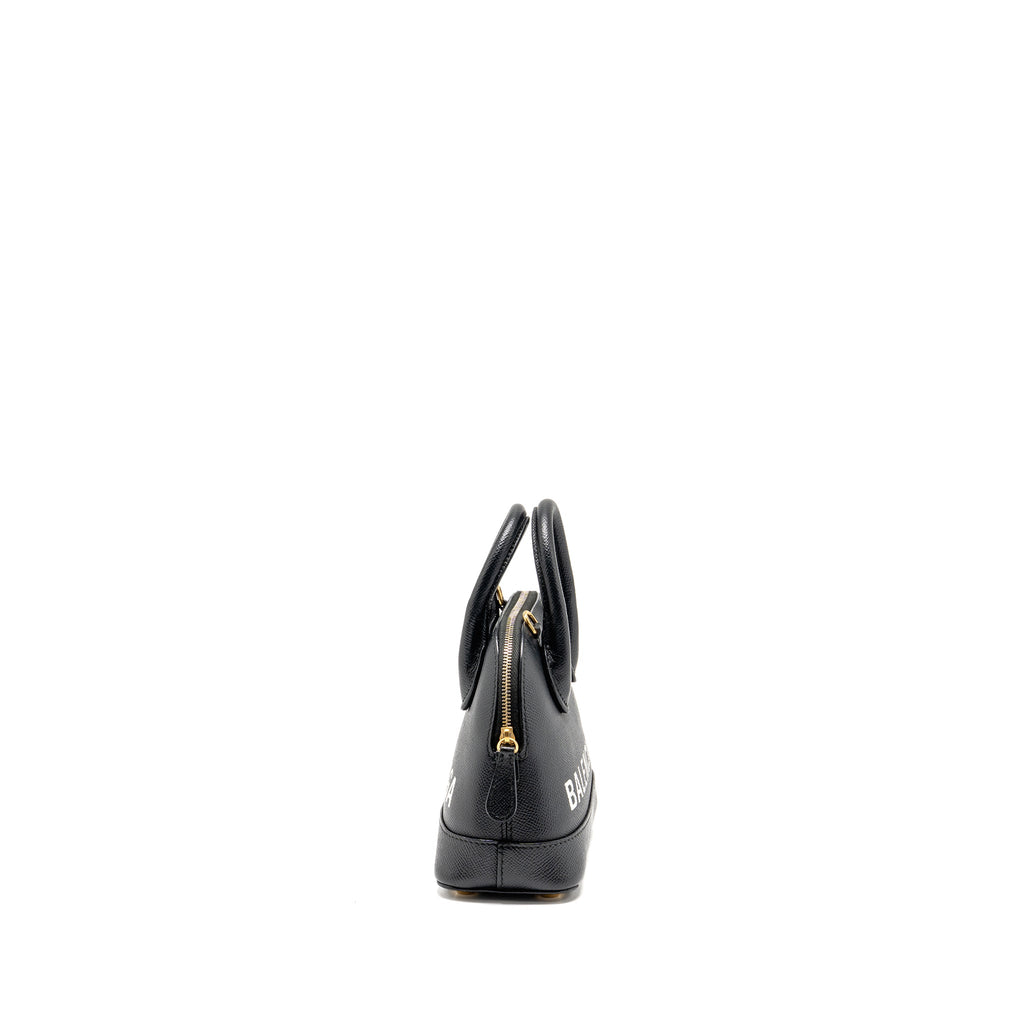 BALENCIAGA VILLE GRAFFITI TOP HANDLE BOWLING BAG XXS GRAINED CALFSKIN BLACK/WHITE GHW
