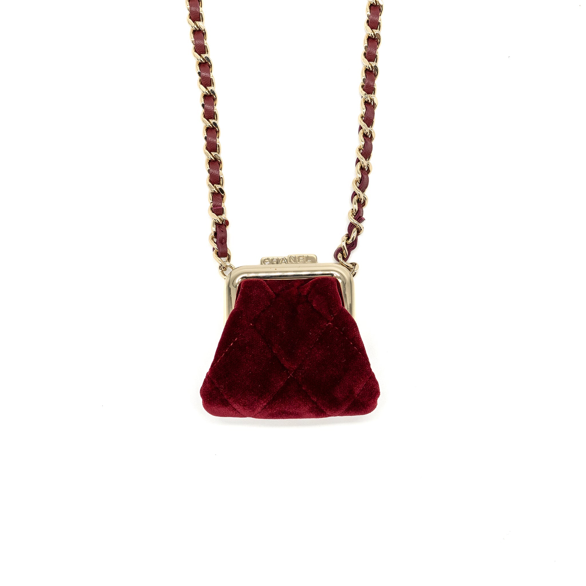 CHANEL 22B MINI CLUTCH VELVET RED GHW (MICROCHIP)