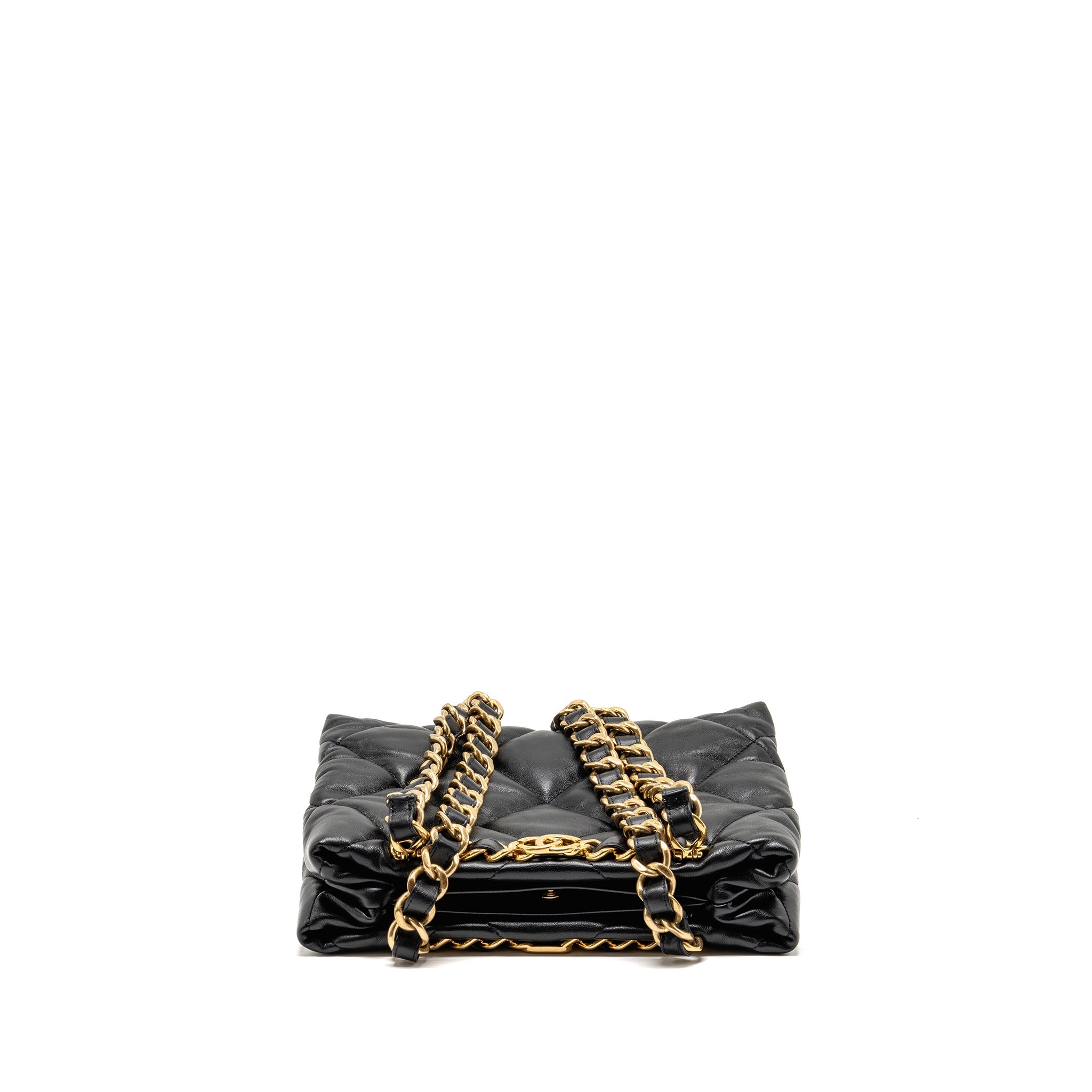 CHANEL QUILTED DOUBLE CHAIN SHOPPING TOTE BAG LAMBSKIN BLACK GHW (MICROCHIP)