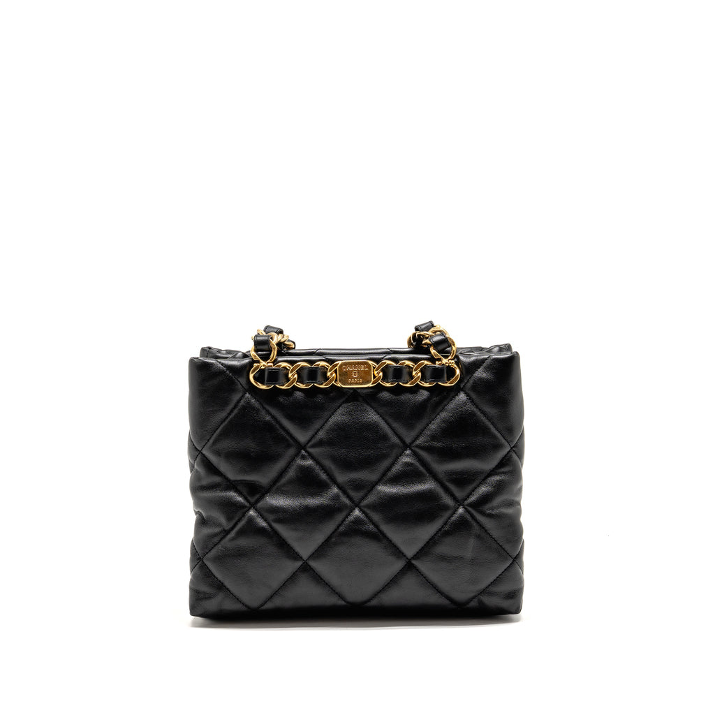 CHANEL QUILTED DOUBLE CHAIN SHOPPING TOTE BAG LAMBSKIN BLACK GHW (MICROCHIP)
