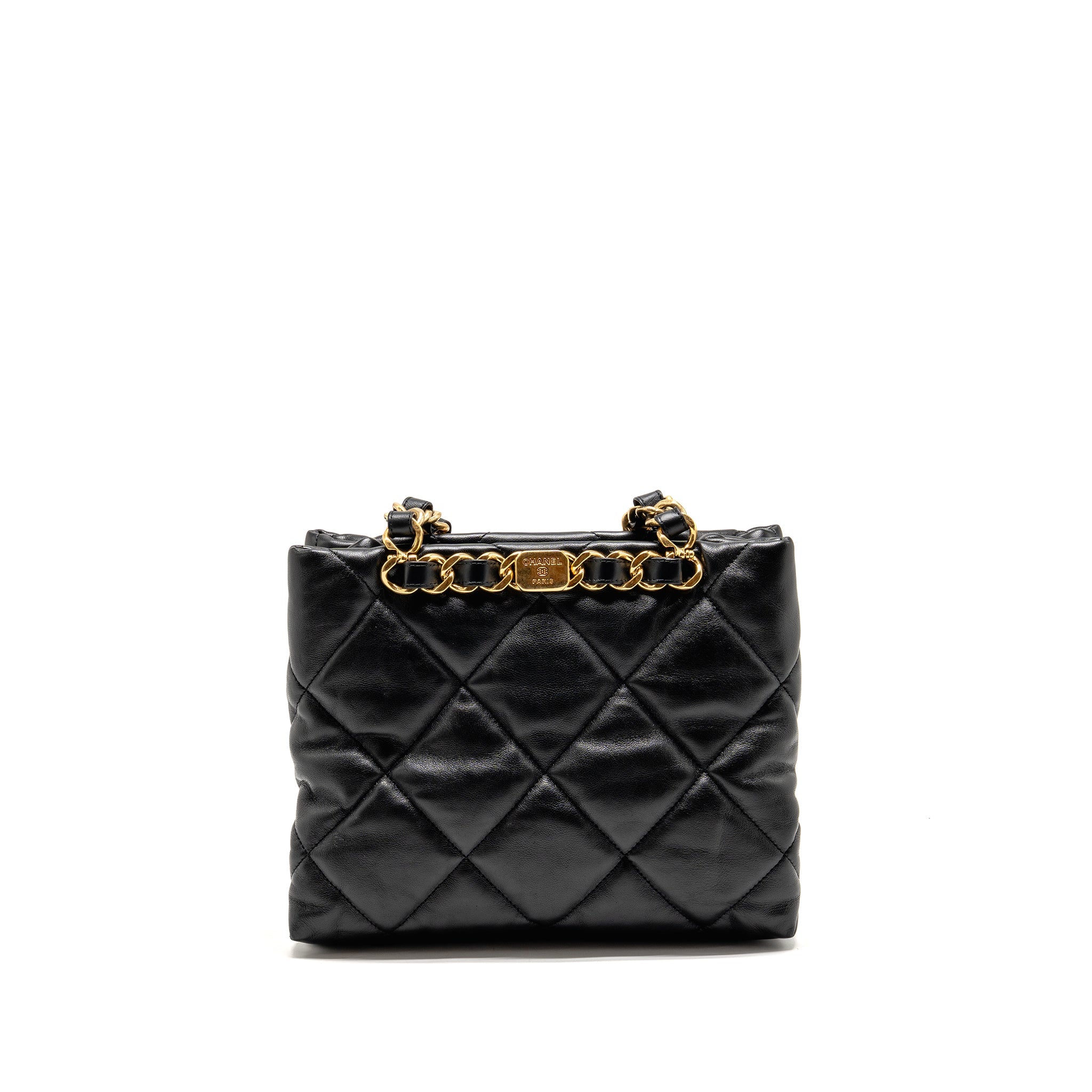 CHANEL QUILTED DOUBLE CHAIN SHOPPING TOTE BAG LAMBSKIN BLACK GHW (MICROCHIP)