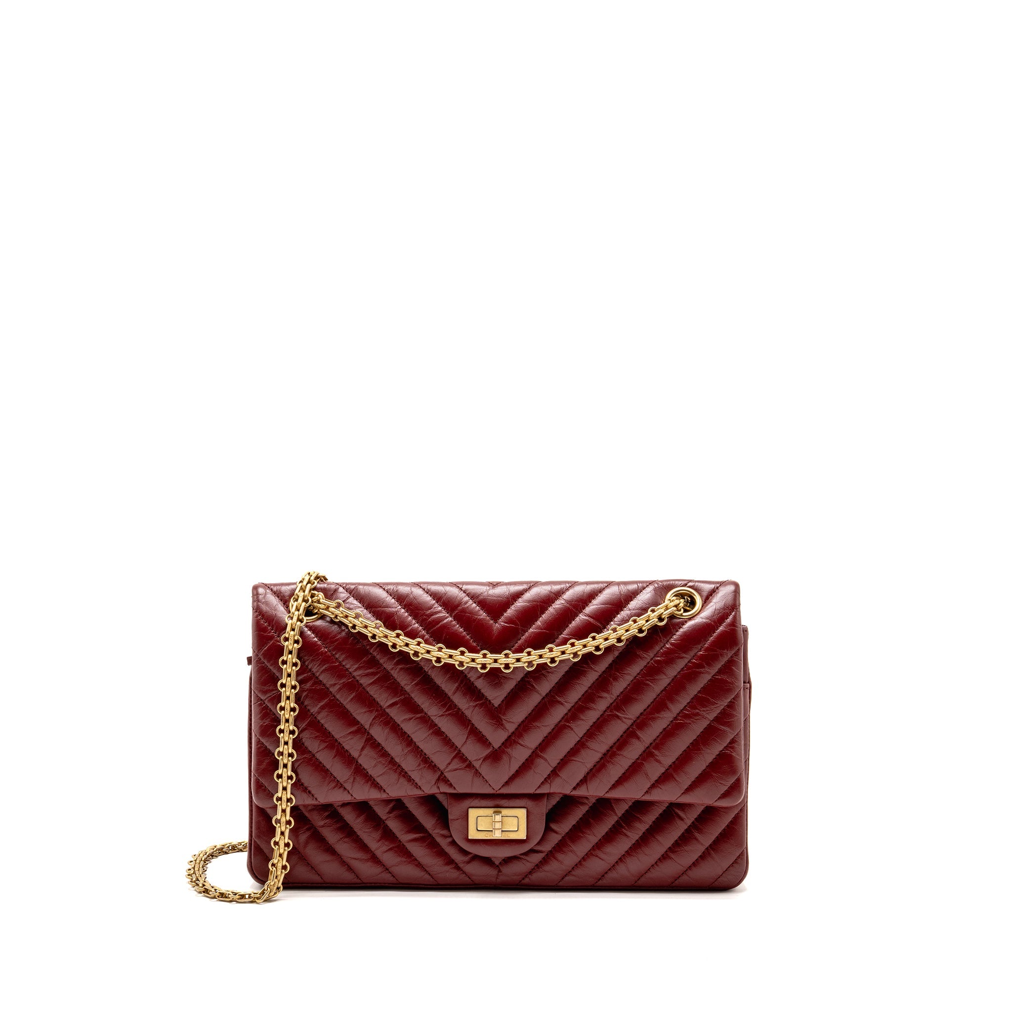 CHANEL 2.55 226 REISSUE DOUBLE FLAP BAG CHEVRON AGED CALFSKIN RED GHW