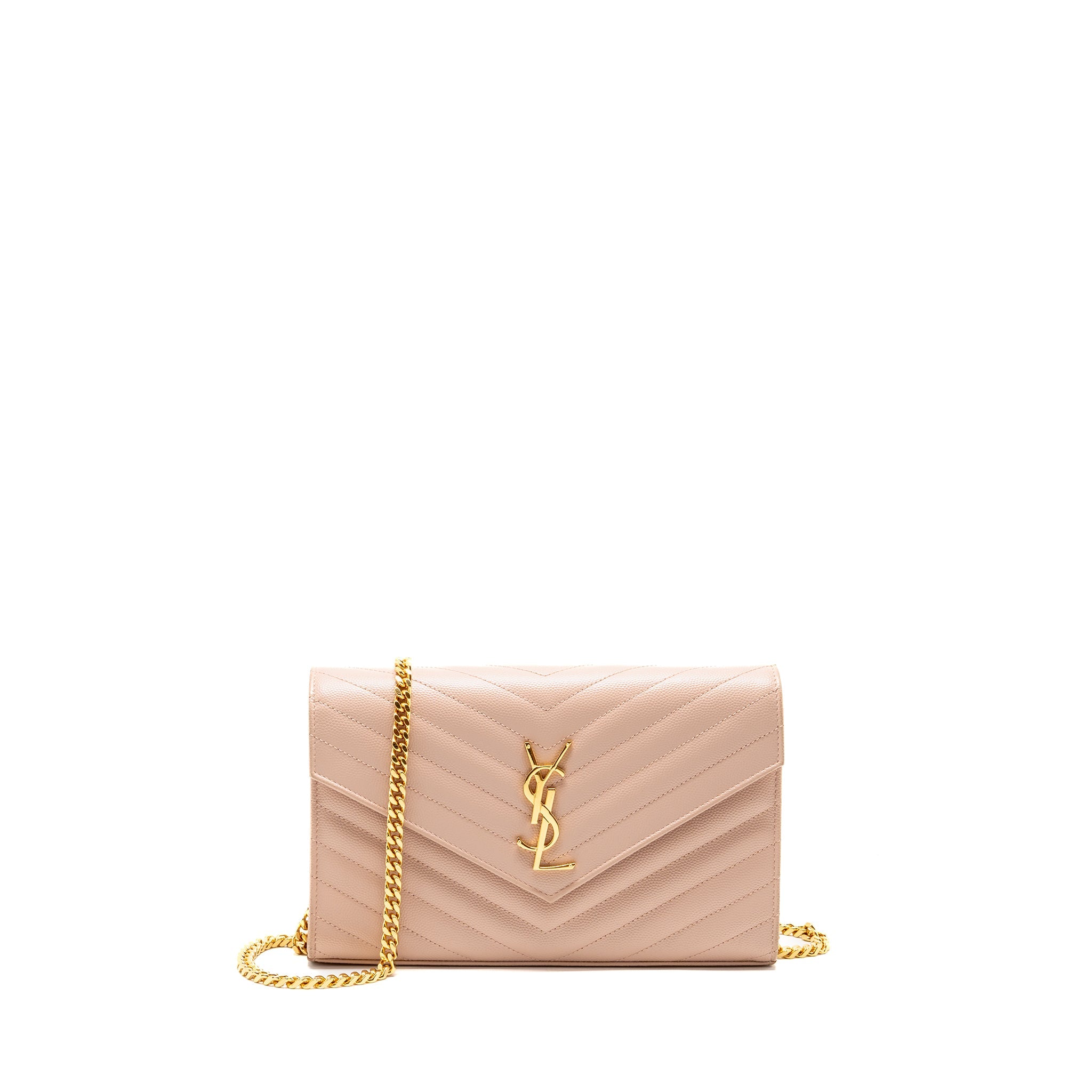 SAINT LAURENT/YSL MATELASSE CHAIN WALLET GRAINED CALFSKIN PALE BLUSH GHW