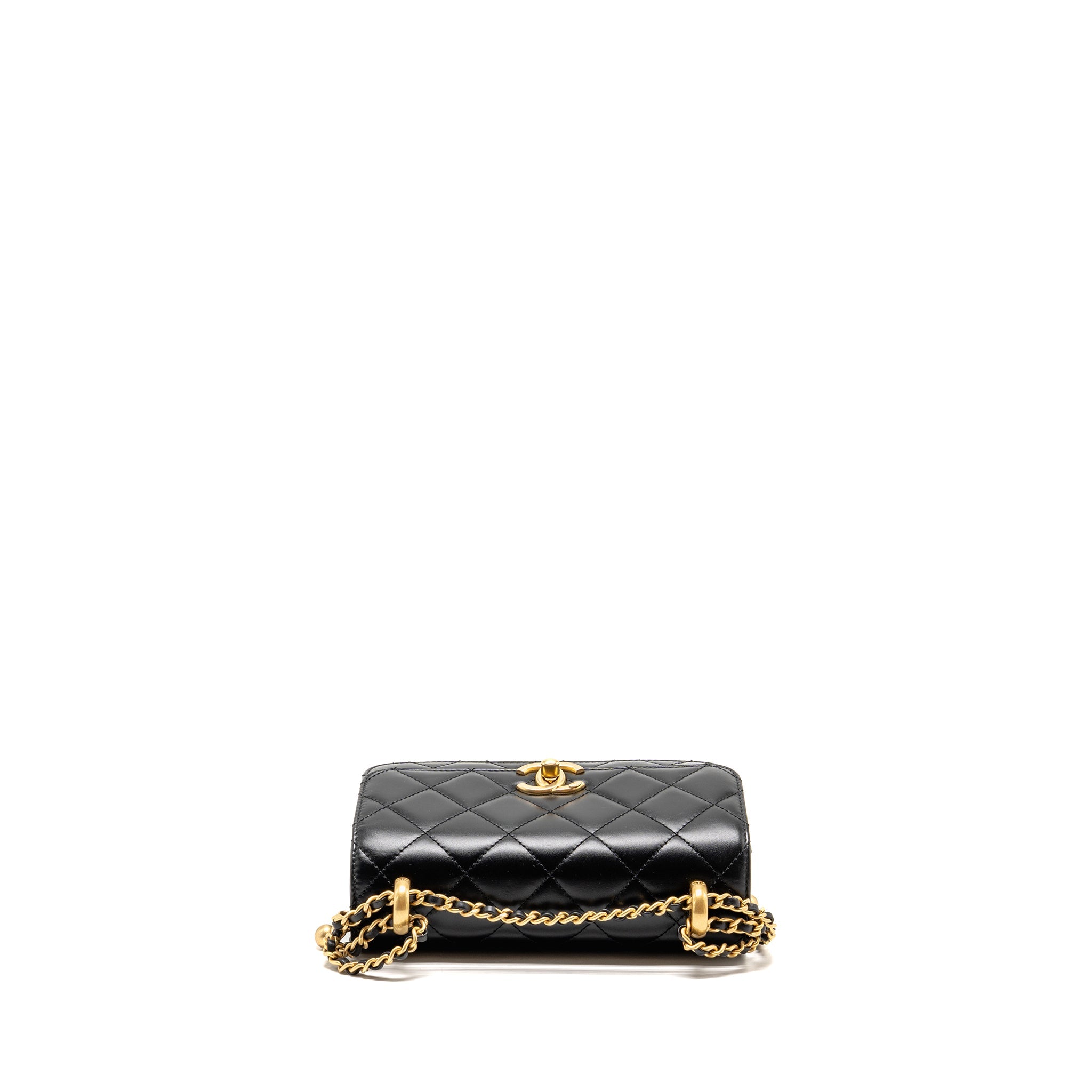 CHANEL GOLD CRUSH MINI FLAP BAG SHINY CALFSKIN BLACK GHW (MICROCHIP)