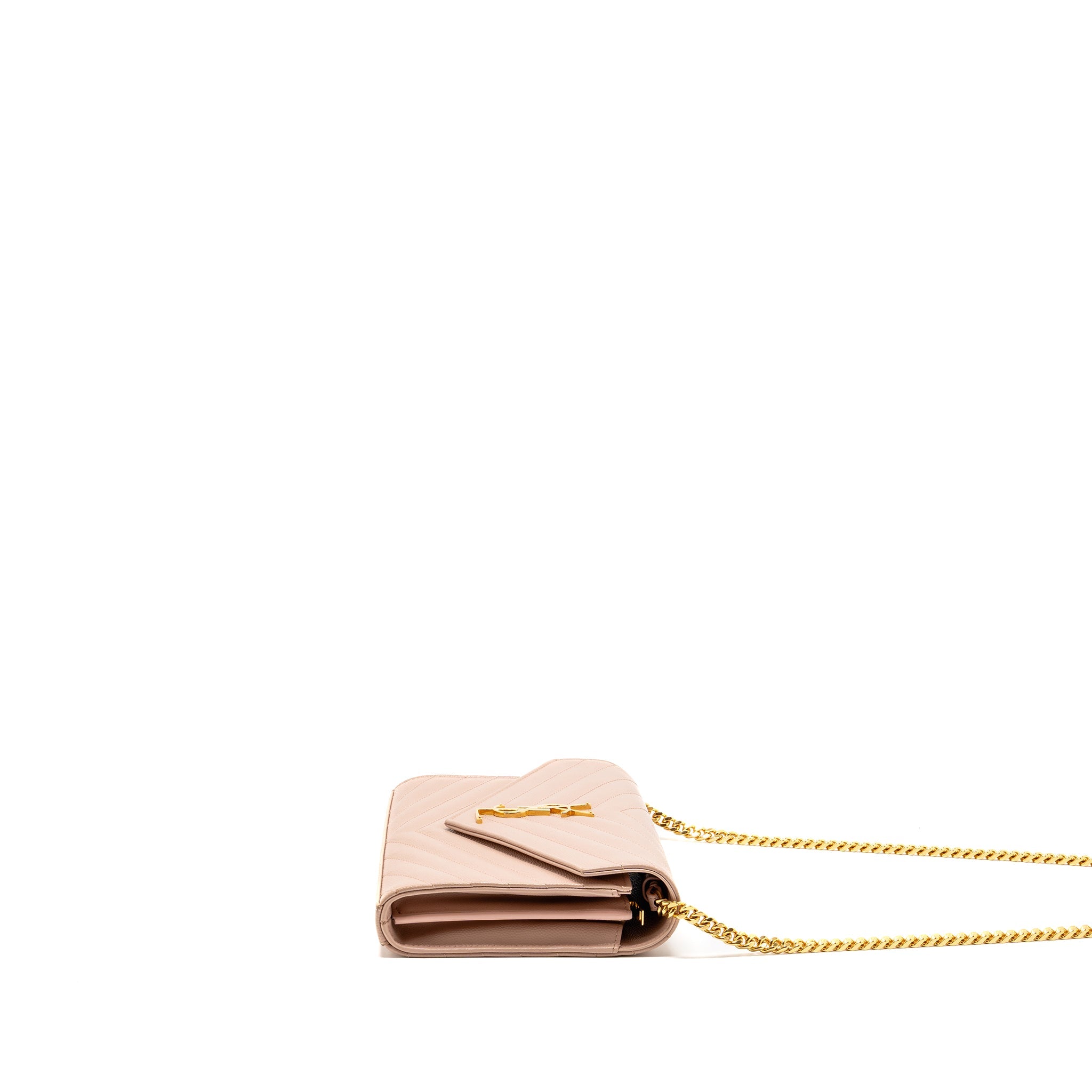 SAINT LAURENT/YSL MATELASSE CHAIN WALLET GRAINED CALFSKIN PALE BLUSH GHW