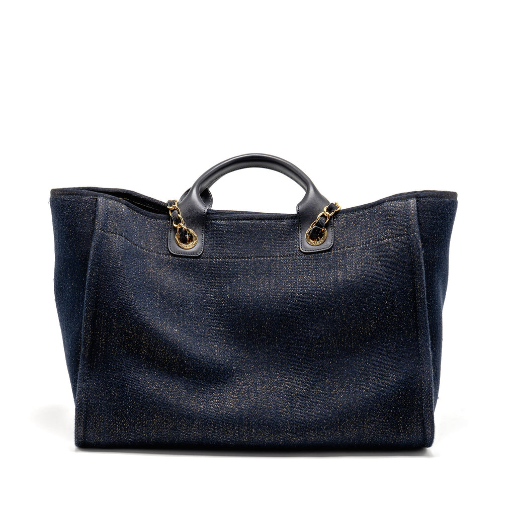 CHANEL LARGE DEAUVILLE TOTE SHOPPING BAG DENIM/LEATHER NAVY BLUE/GOLD GHW