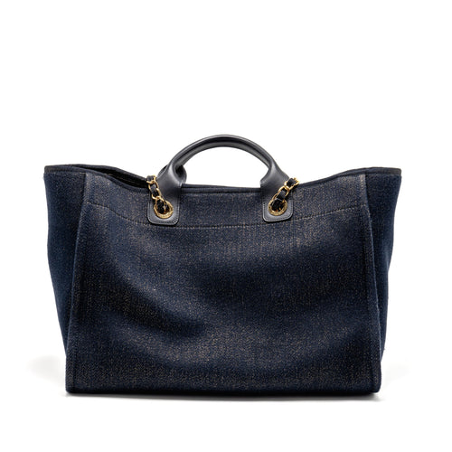 CHANEL LARGE DEAUVILLE TOTE SHOPPING BAG DENIM/LEATHER NAVY BLUE/GOLD GHW